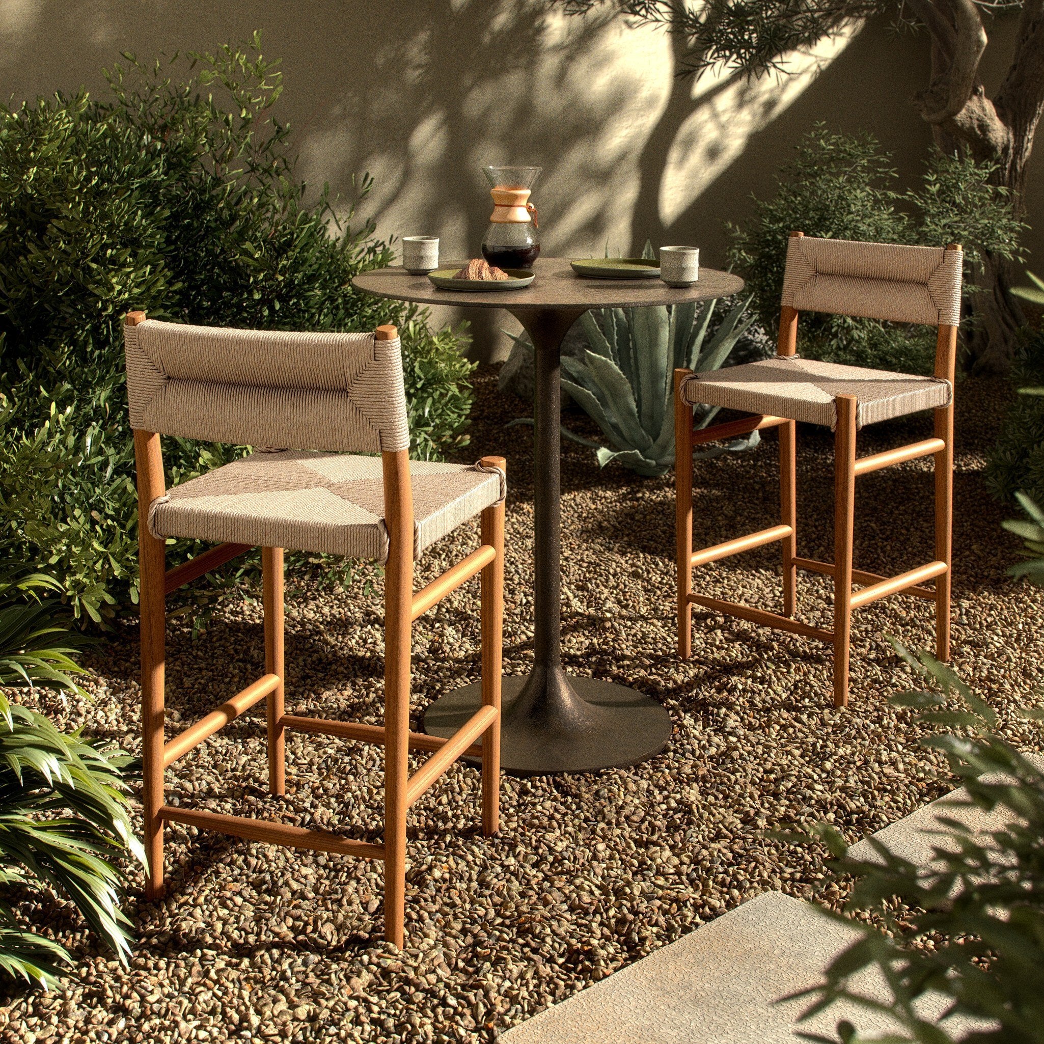 Four Hands Lomas Bar + Counter Outdoor Stool — Natural Teak-Vintage White-Counter