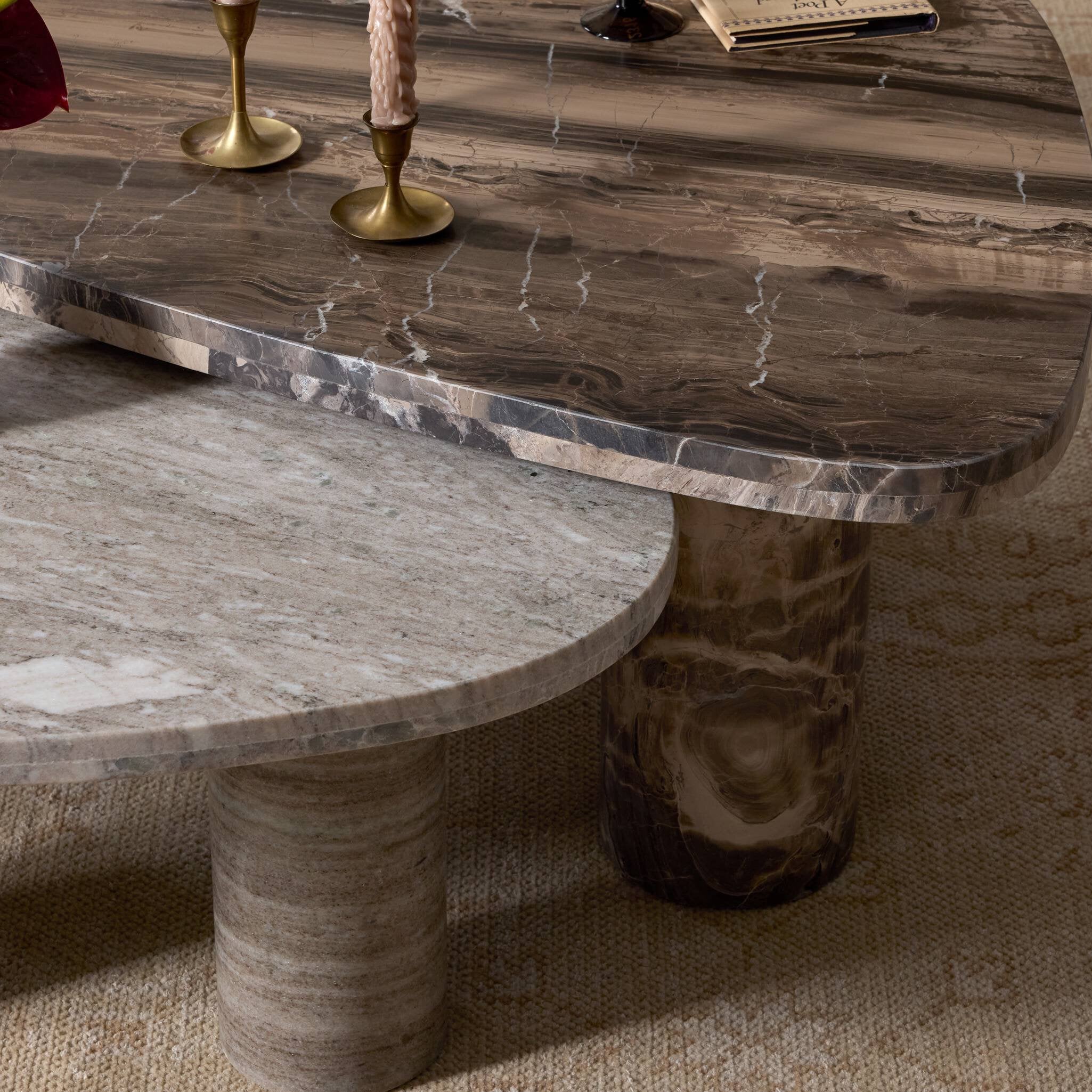 Four Hands Zion Nesting Coffee Tables — Rocky Brown Marble-Antique White Marble