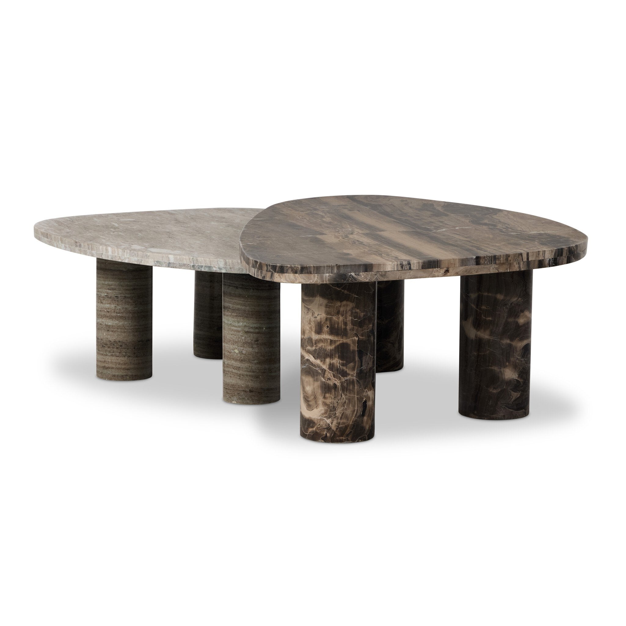 Four Hands Zion Nesting Coffee Tables — Rocky Brown Marble-Antique White Marble