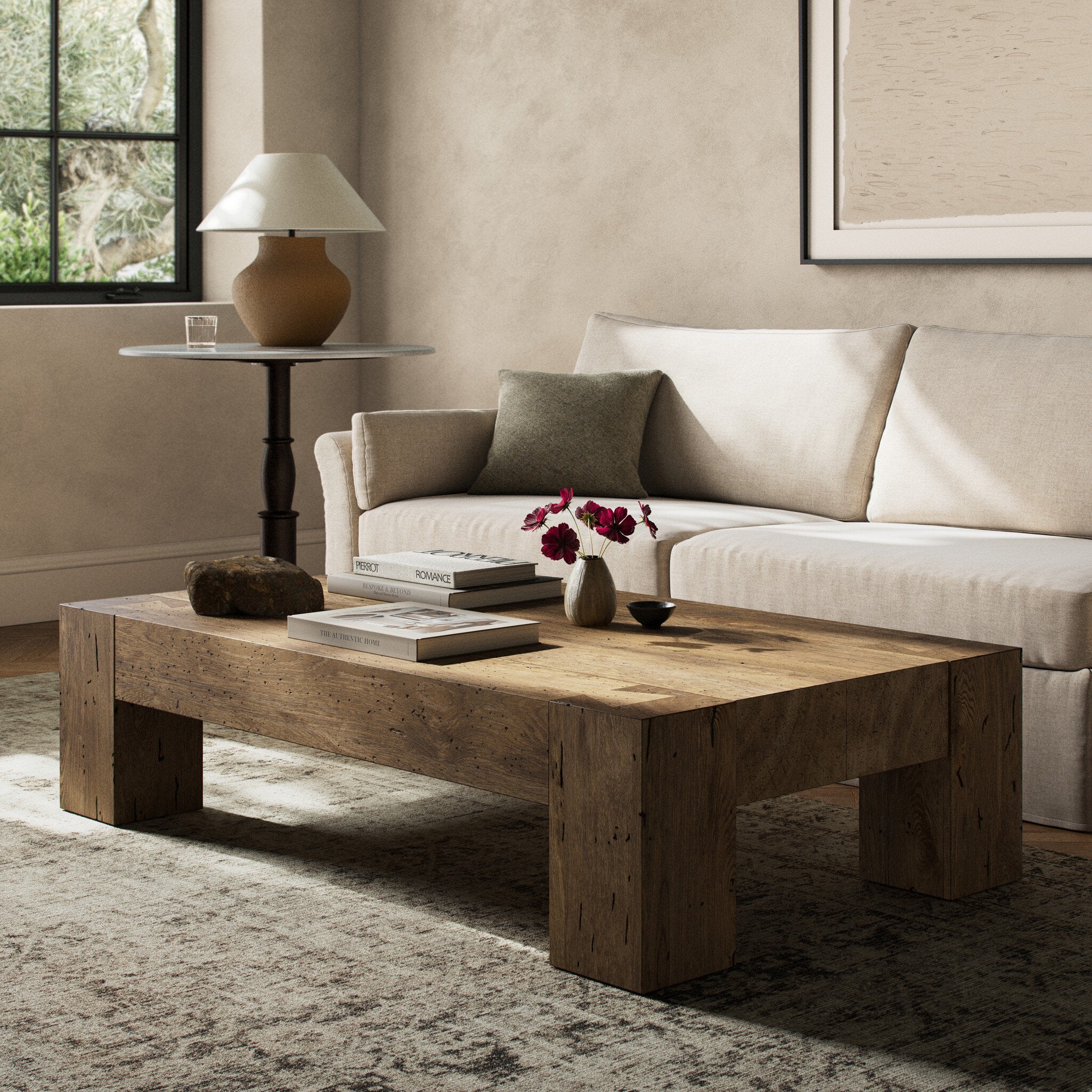 Four Hands Abaso Rectangular Coffee Table — Rustic Wormwood Oak