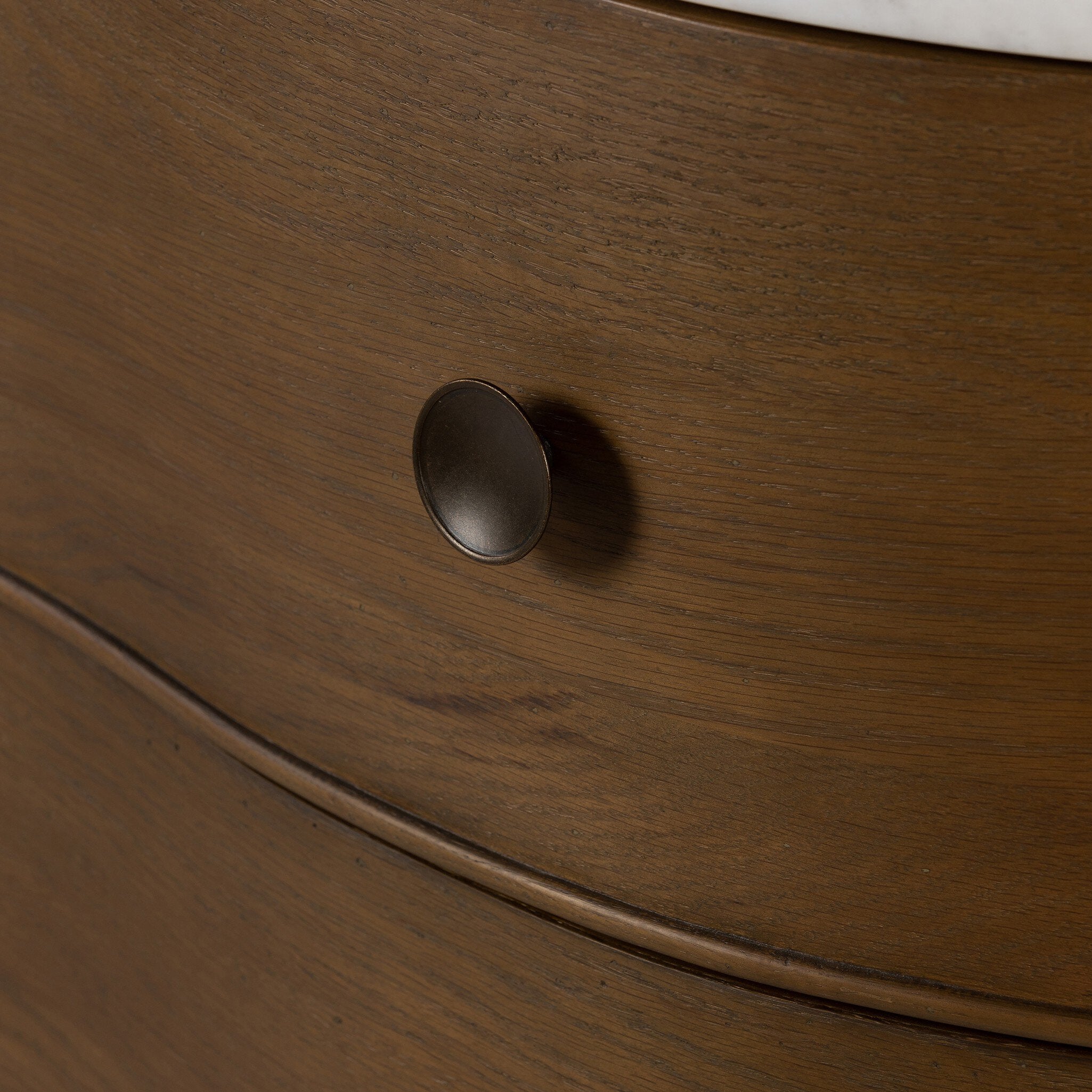 Four Hands Tiago Marble Chest — Toasted Oak-Glossy White Marble-Aged Brass