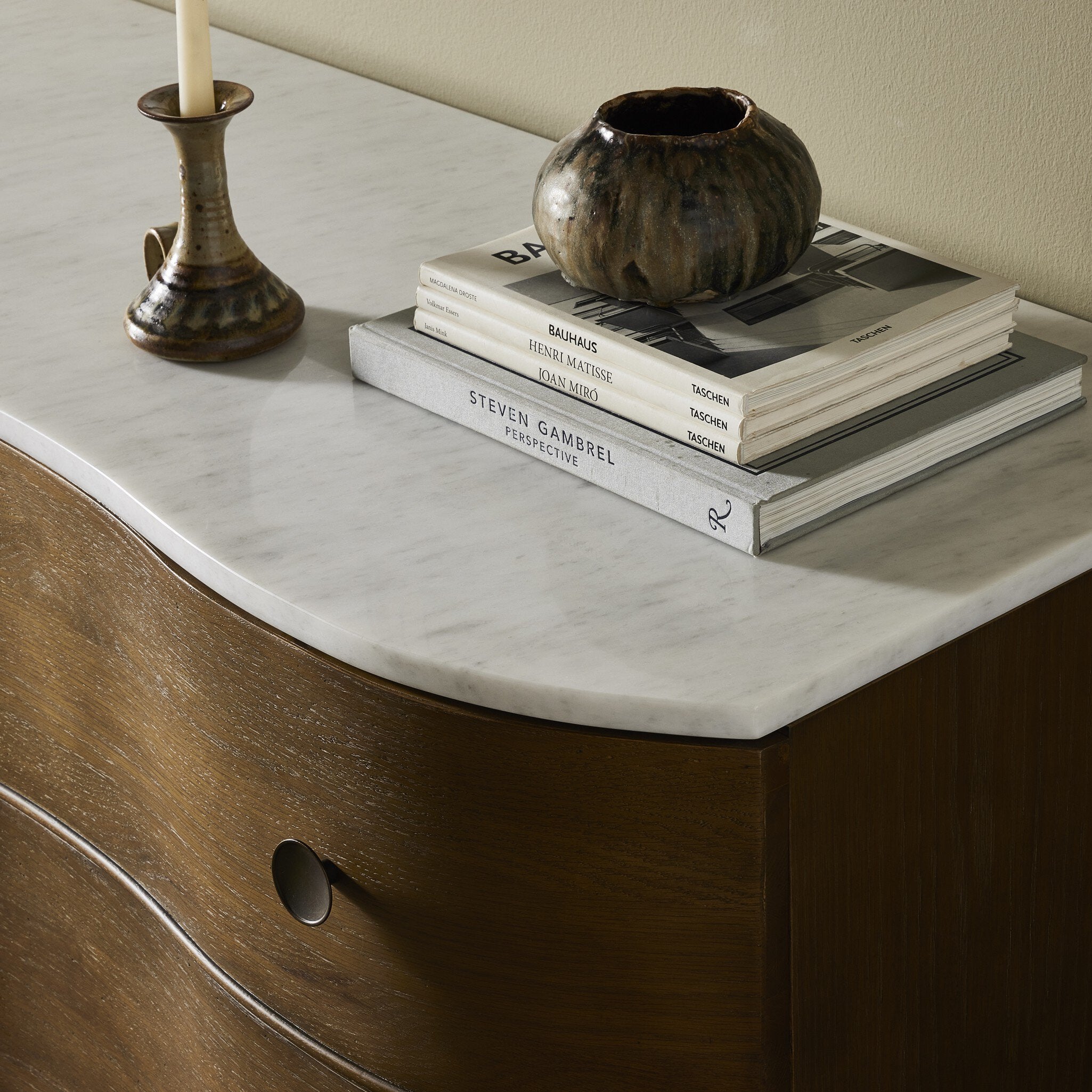 Four Hands Tiago Marble Chest — Toasted Oak-Glossy White Marble-Aged Brass