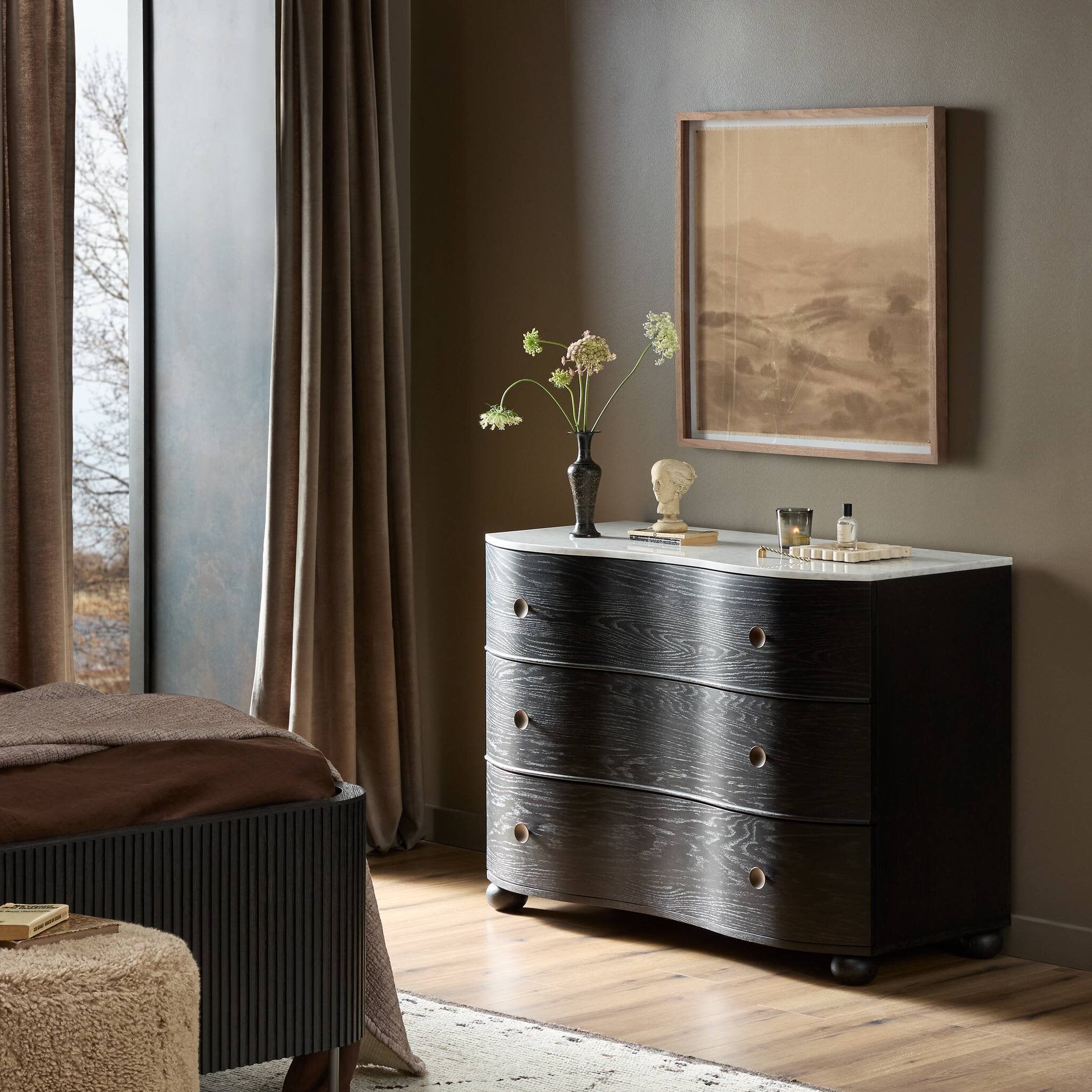 Four Hands Tiago Marble Chest — Glossy White Marble-Distressed Black-Aged Brass