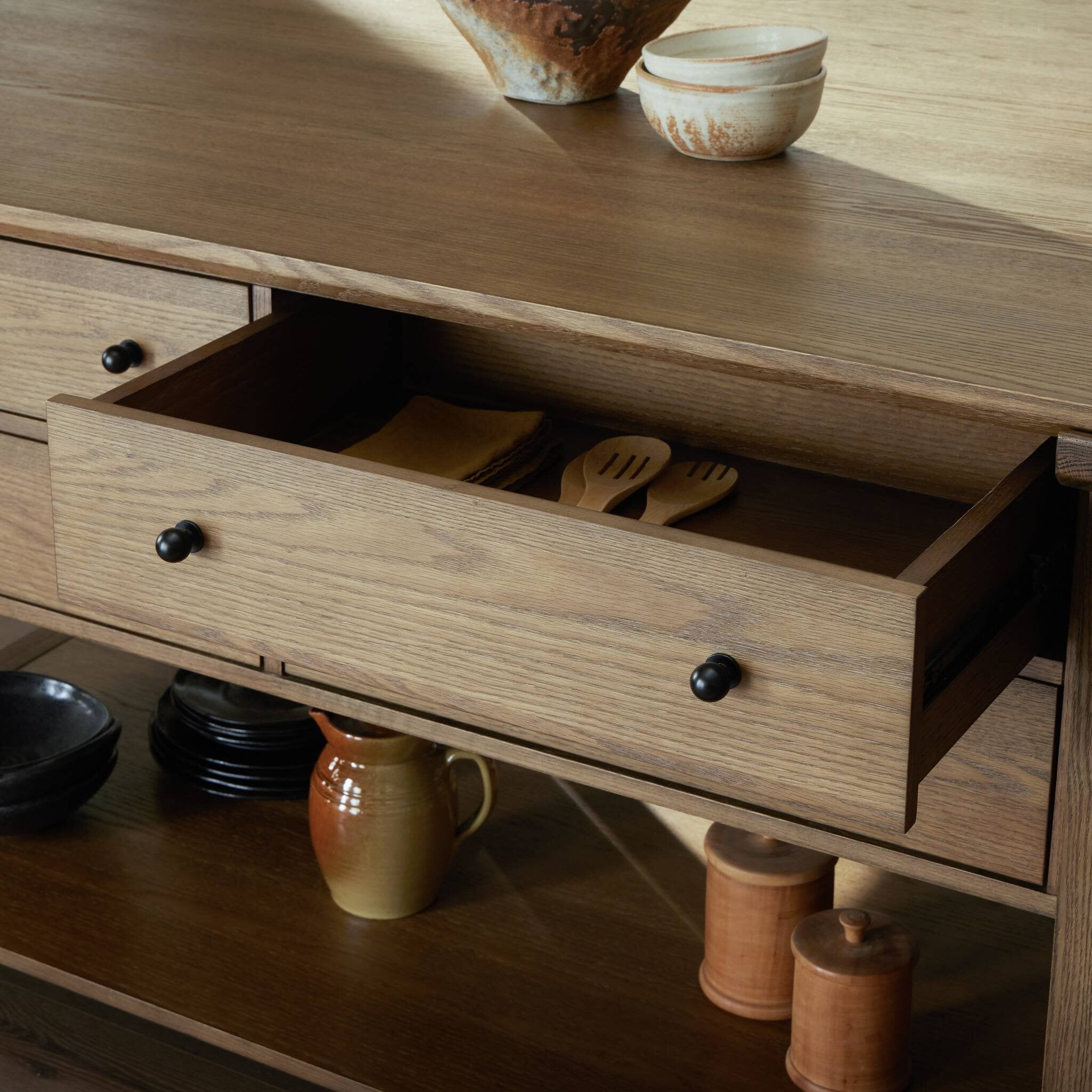 Four Hands Gardendale Kitchen Island — Tan Oak-Tan Oak Veneer-Black Iron