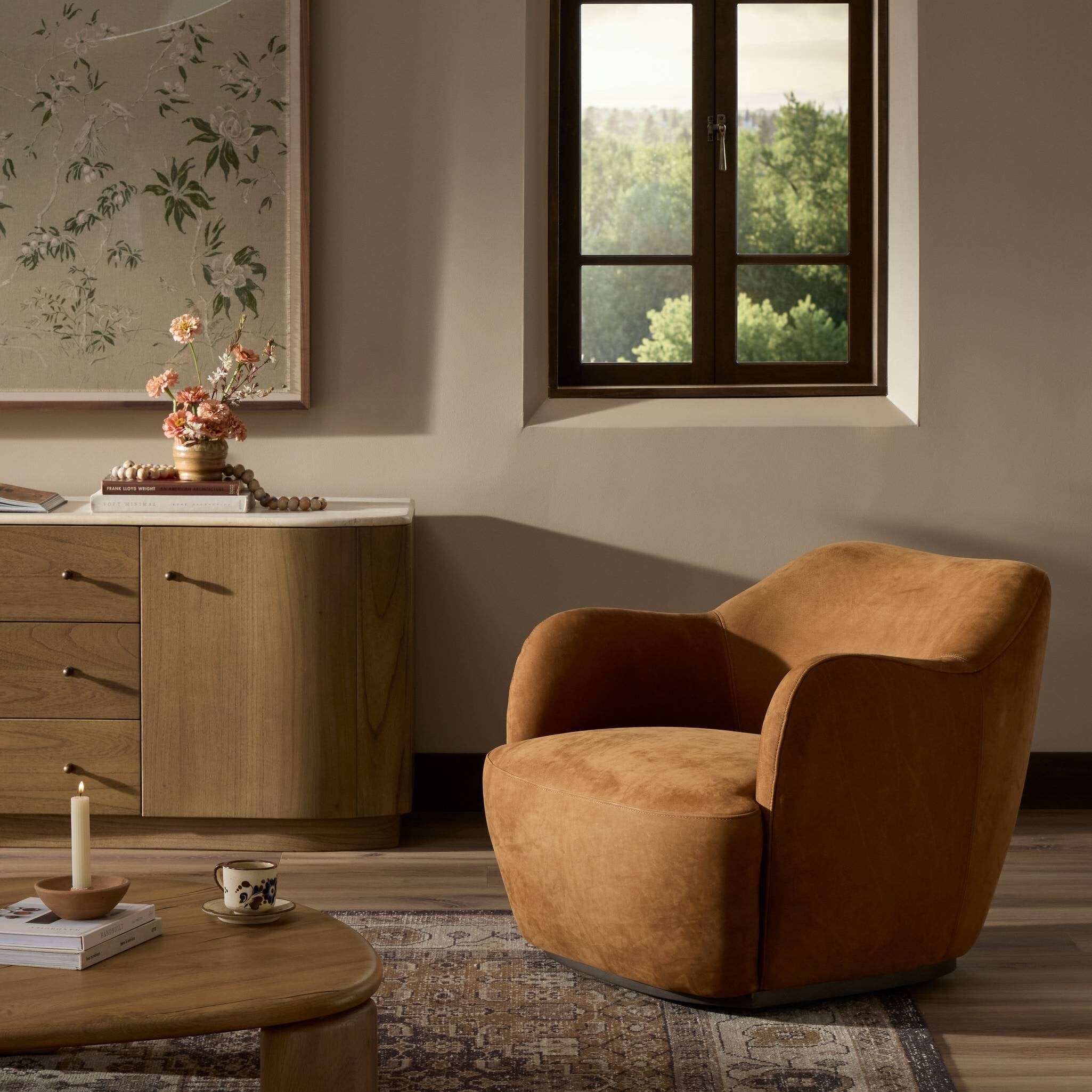 Four Hands Julius Swivel Chair — Nubuck Cognac-Sienna Brown