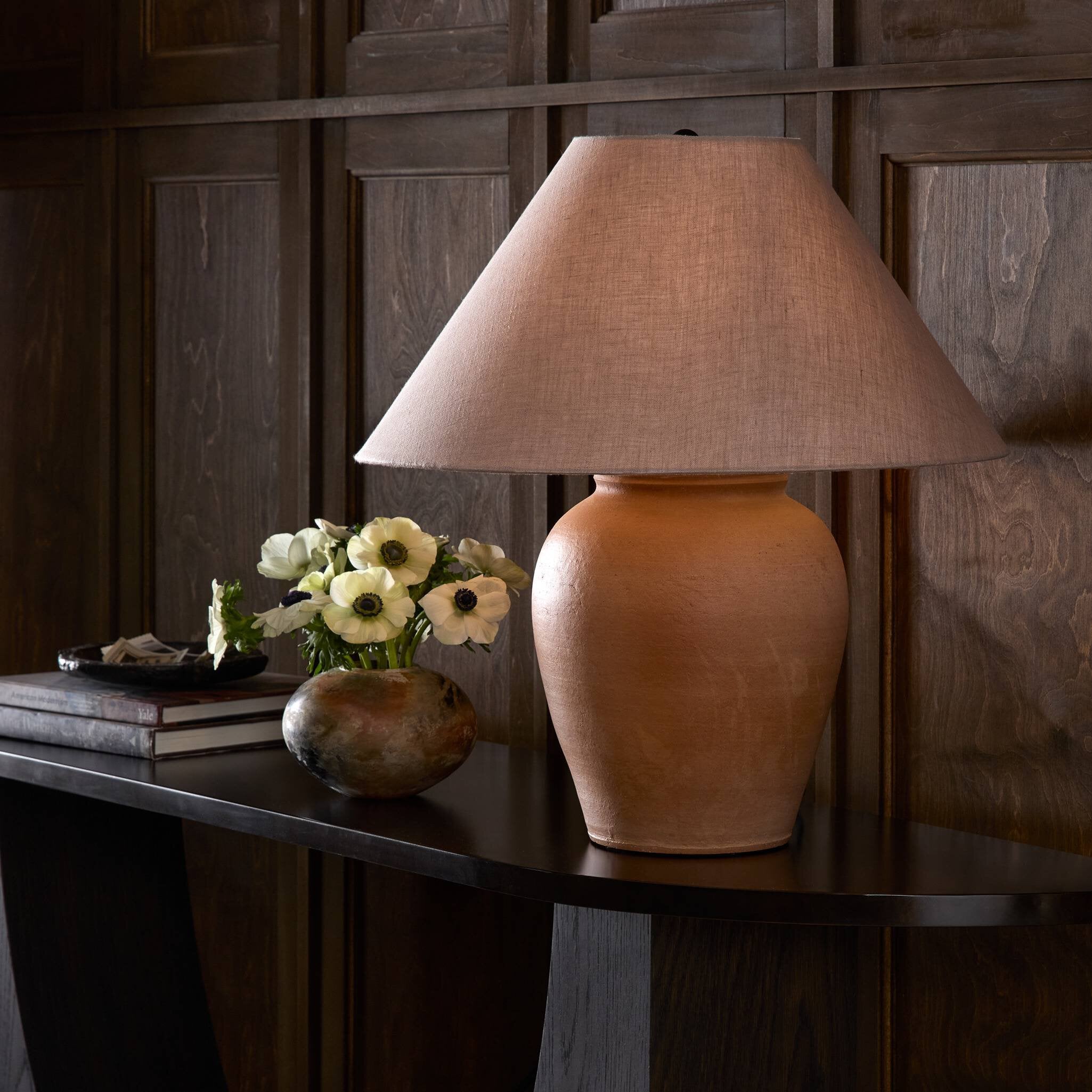 Four Hands Russo Table Lamp — Aged Natural Terracotta-Natural Linen-Dark Kettle Black