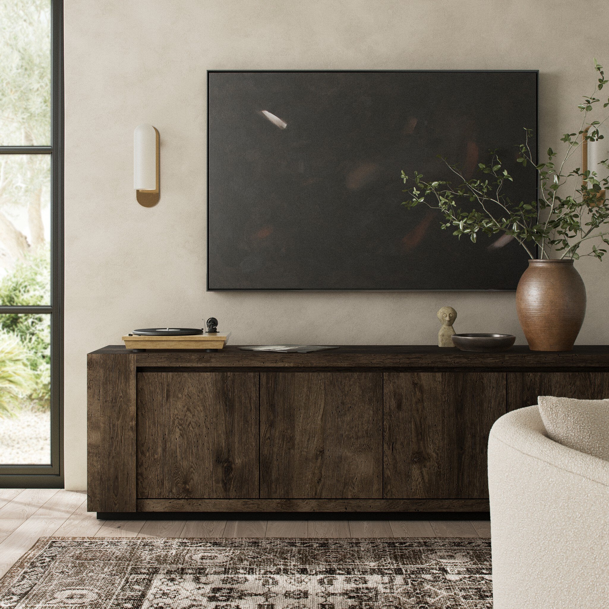 Four Hands Abaso Media Console — Ebony Rustic Wormwood Oak