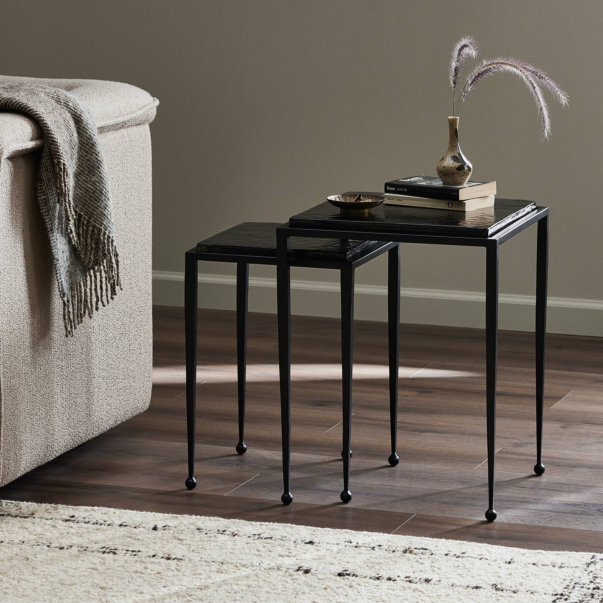 Four Hands Dalston Nesting End Table Set — Smoked Black Cast Glass-Iron Matte Black