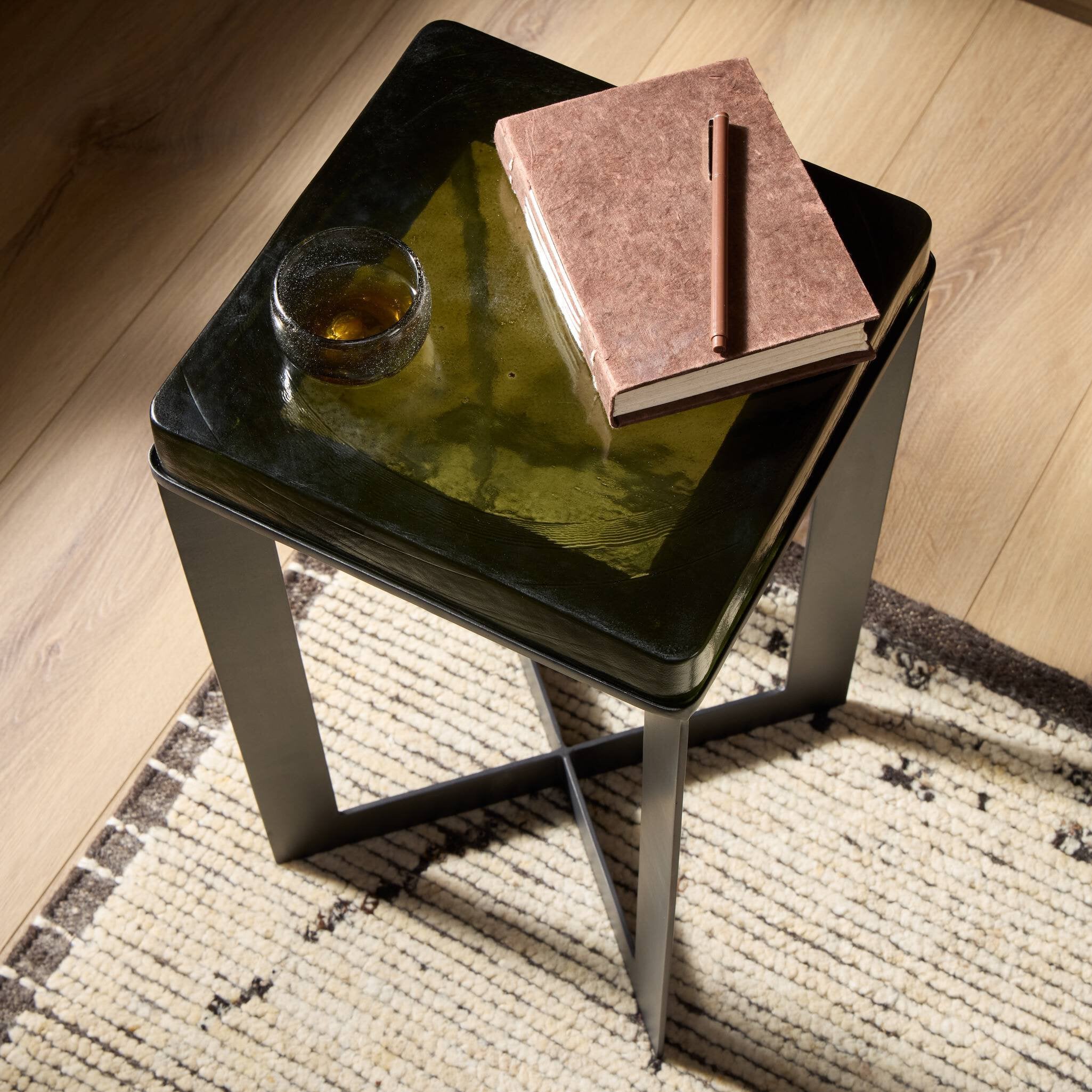 Four Hands Lennie Cast Glass End Table — Moss Cast Glass-Burnished Charcoal