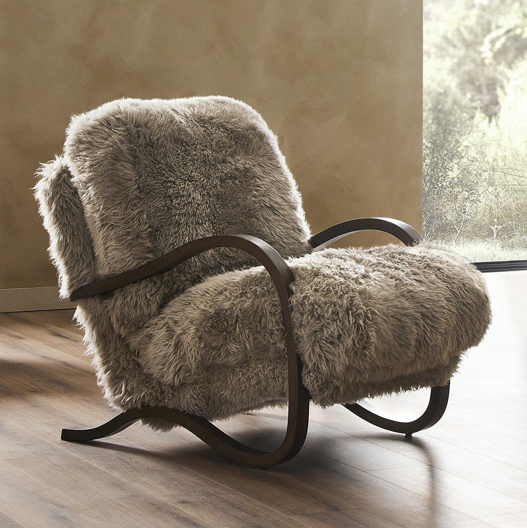 Four Hands Tobin Chair — Taupe Mongolian Fur-Terra Brown Parawood Veneer
