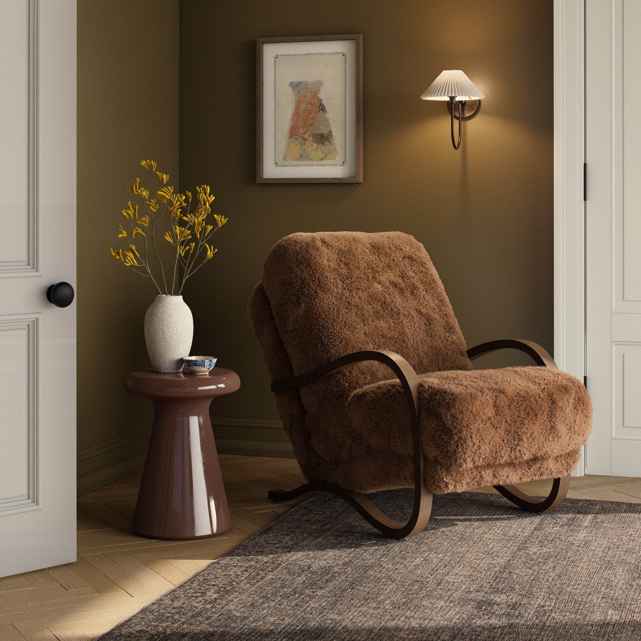 Four Hands Tobin Chair — Amber Shearling-Terra Brown Parawood