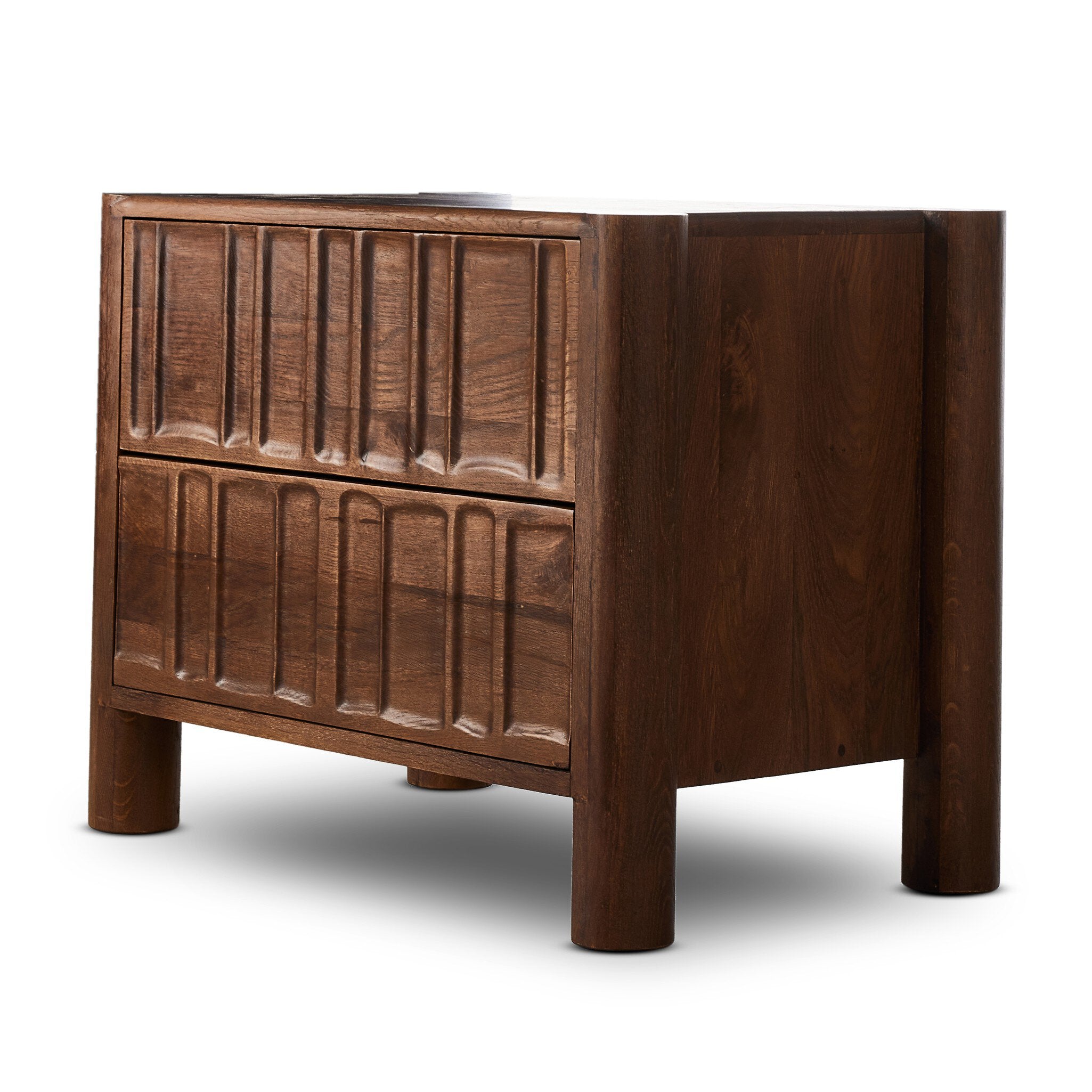 Four Hands Ezri Nightstand — Cocoa Oak-Carved Cocoa Oak