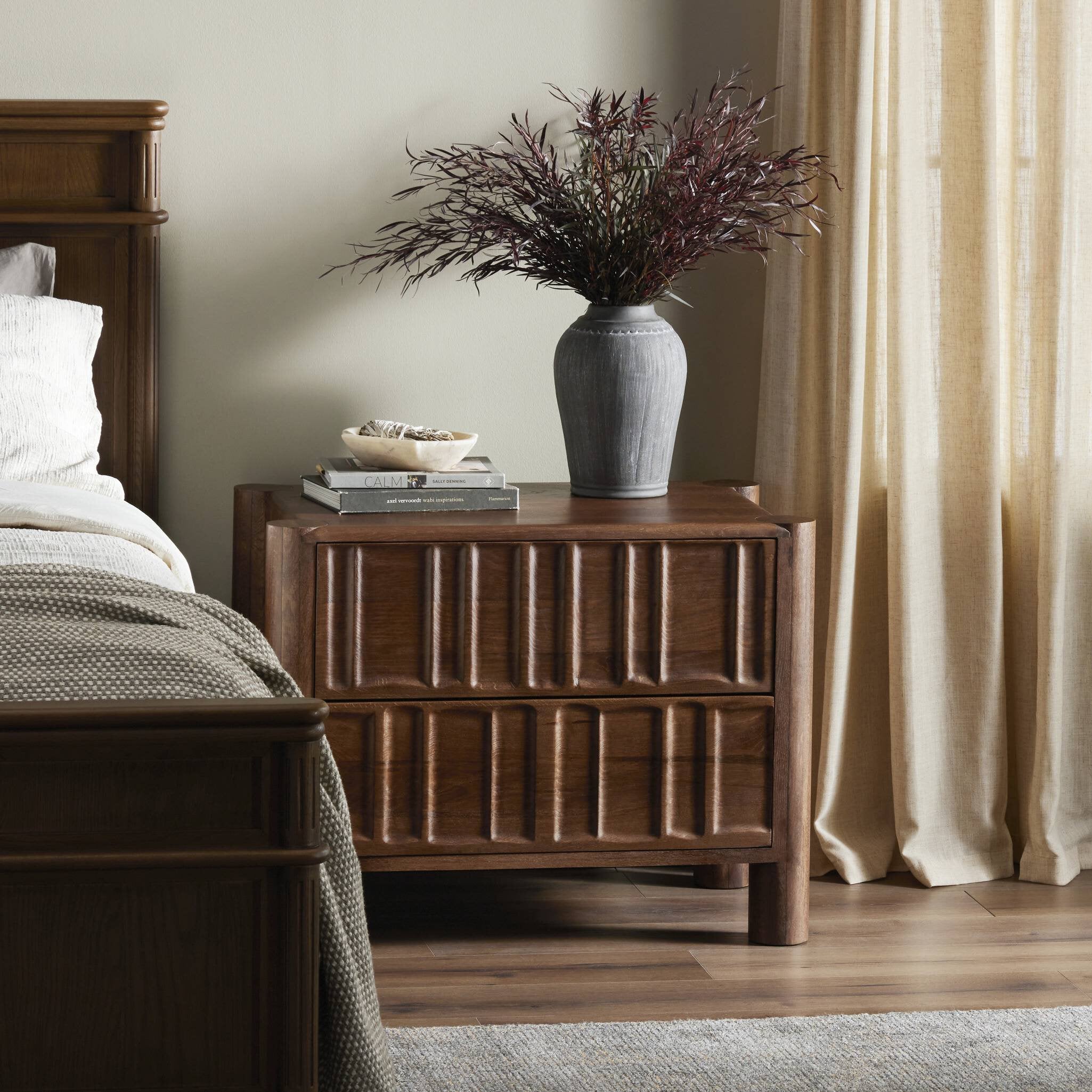 Four Hands Ezri Nightstand — Cocoa Oak-Carved Cocoa Oak