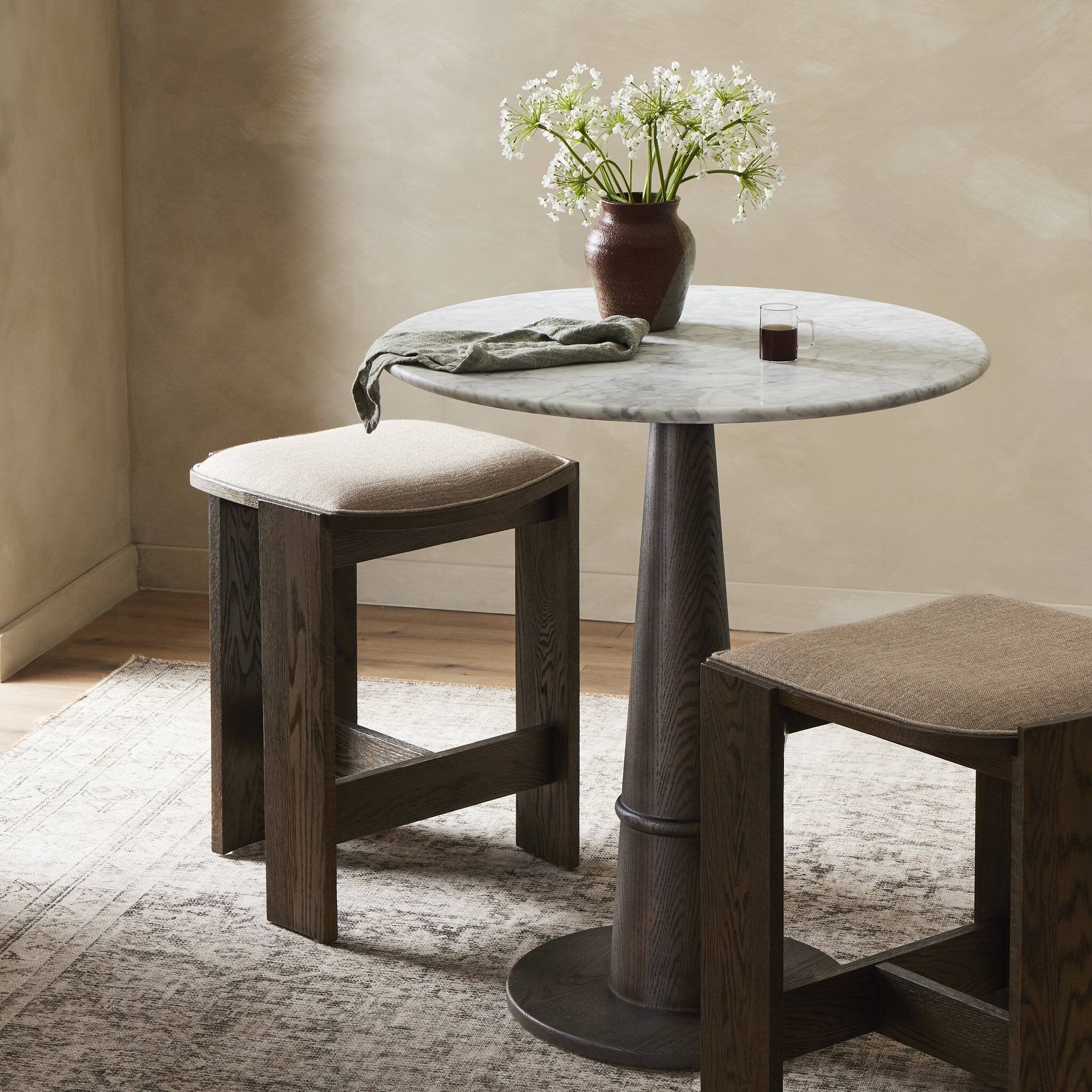 Four Hands Goetz Bar + Counter Table — Brown Ash-Honed White Marble-Bar