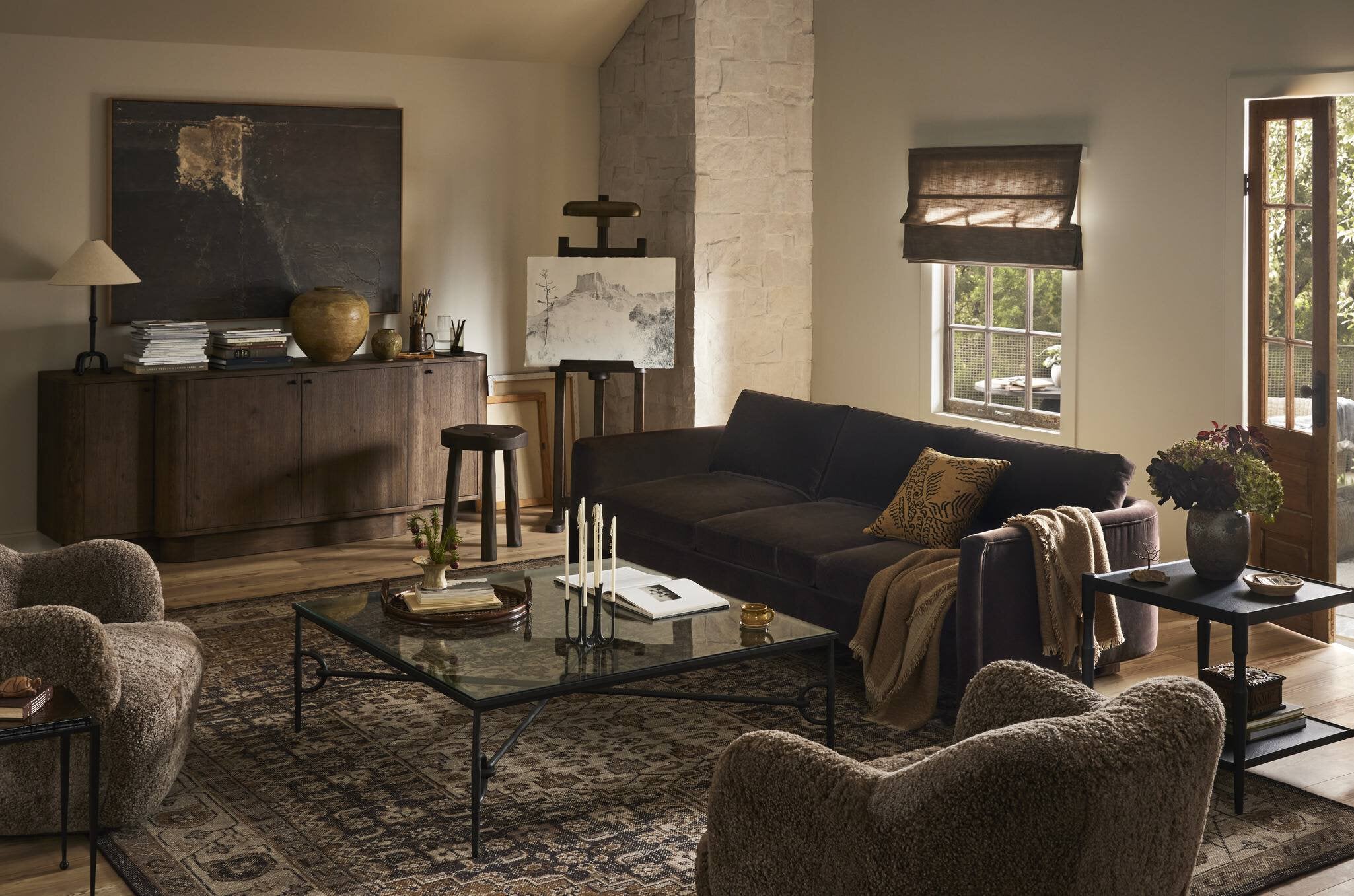 Four Hands Leya Sideboard — Weathered Oak Veneer-Black Iron-Weathered Oak