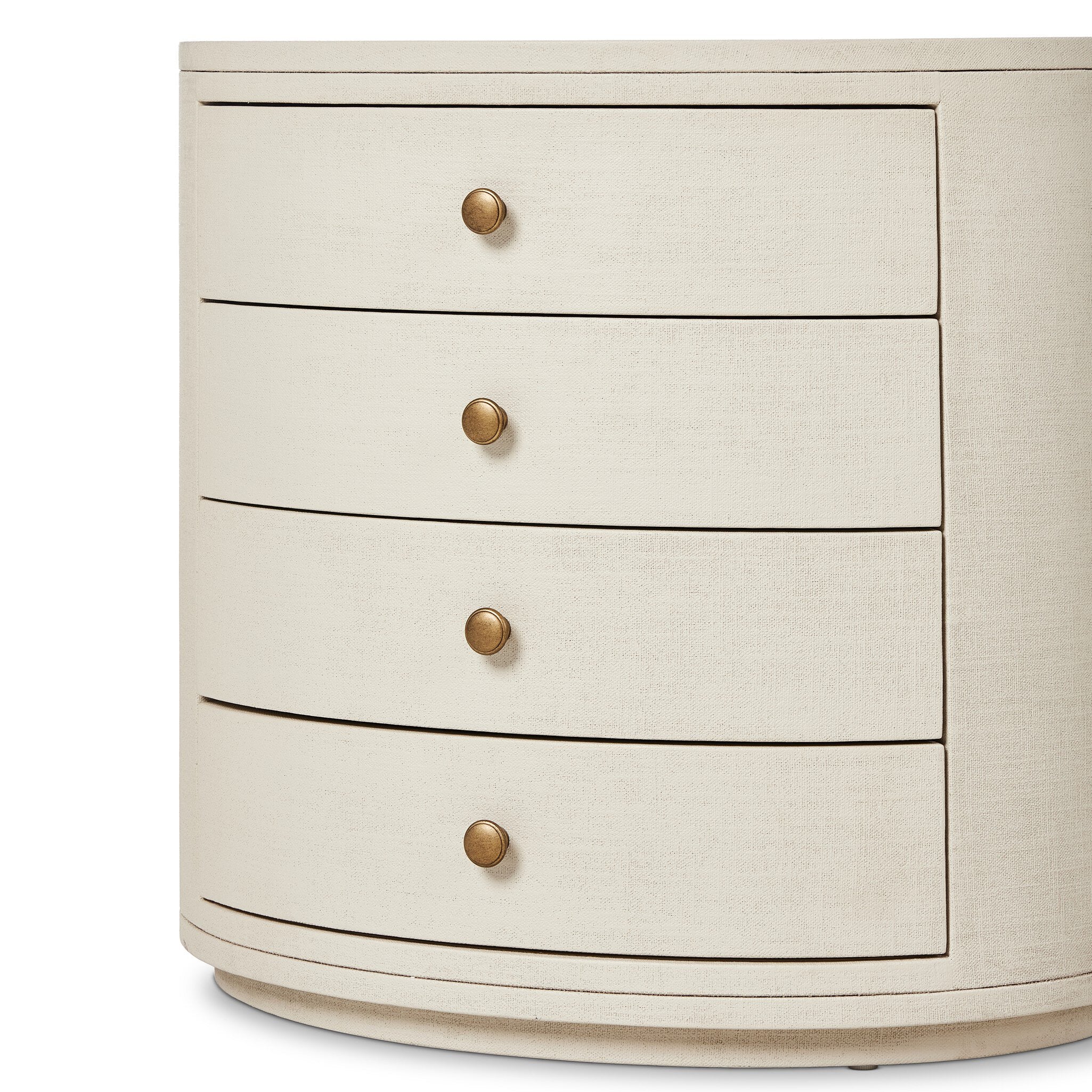 Four Hands Amelia Oval Nightstand — Ivory Painted Linen-Light Antique Brass in Aluminum