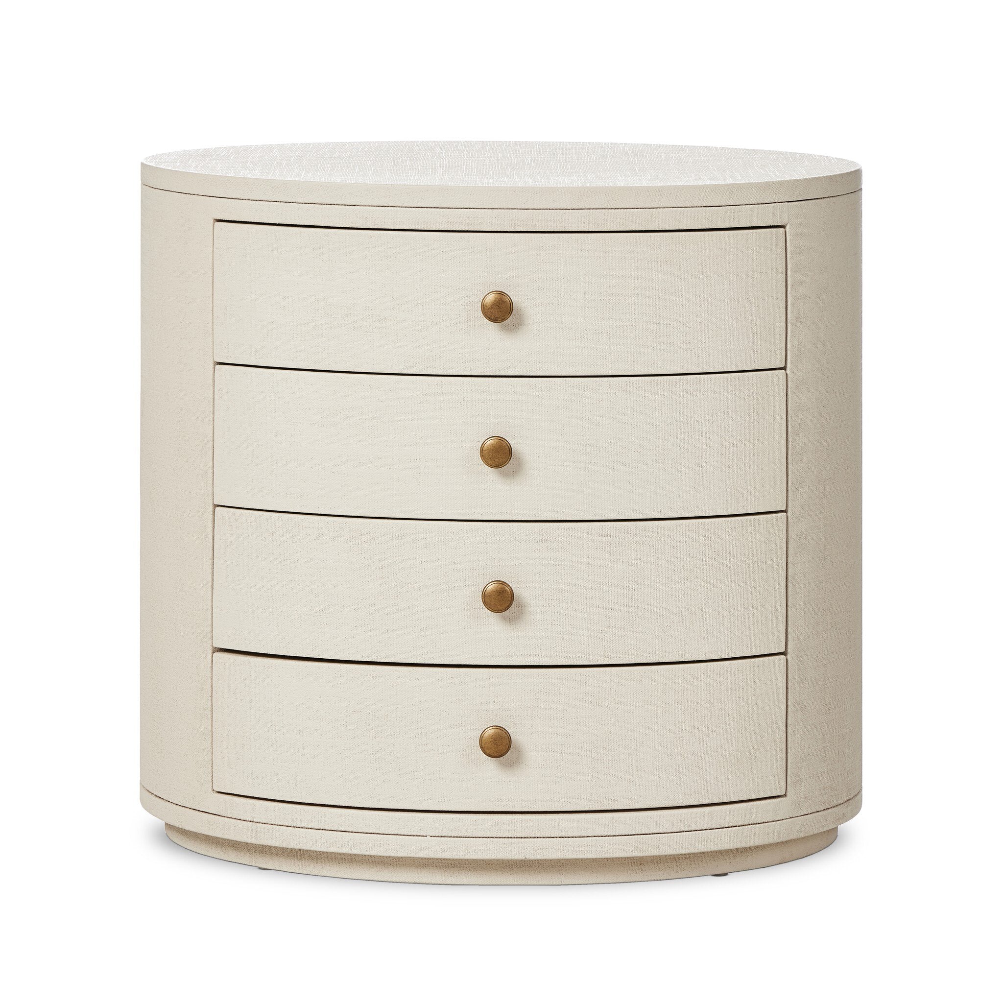 Four Hands Amelia Oval Nightstand — Ivory Painted Linen-Light Antique Brass in Aluminum