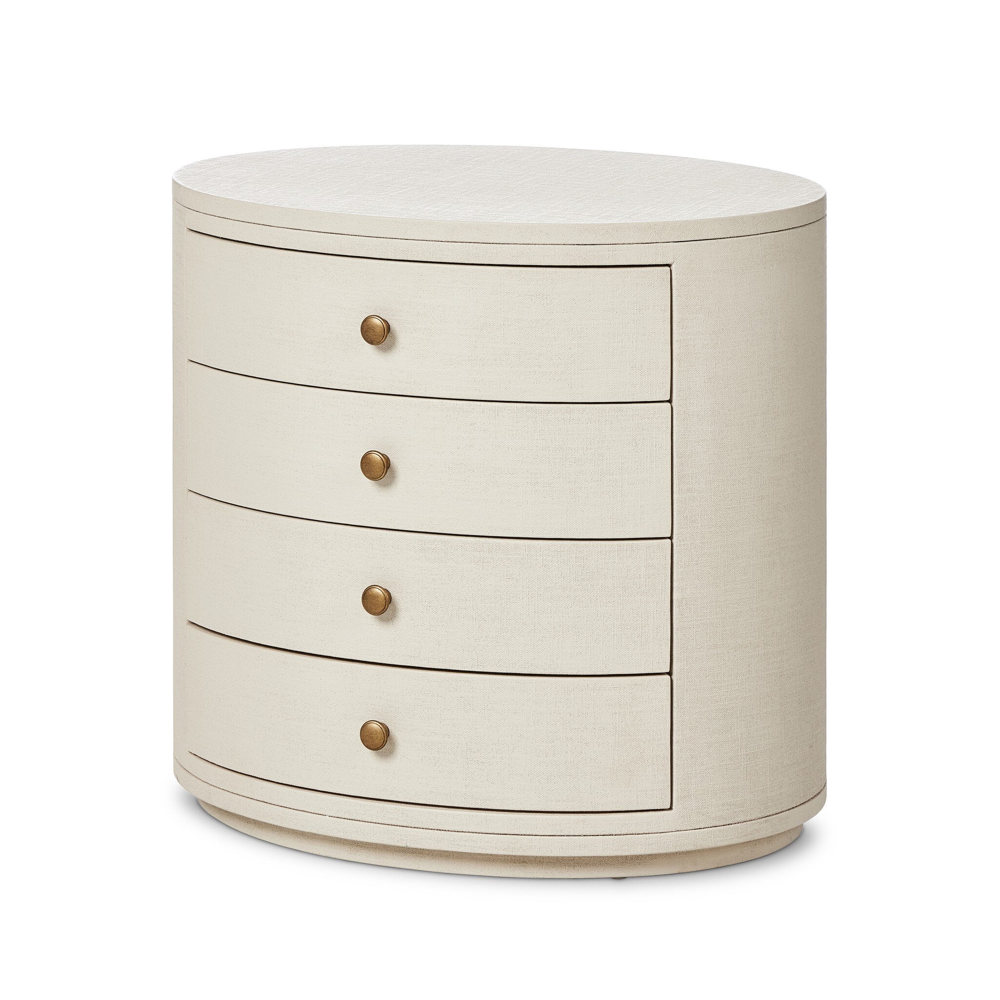 Four Hands Amelia Oval Nightstand — Ivory Painted Linen-Light Antique Brass in Aluminum