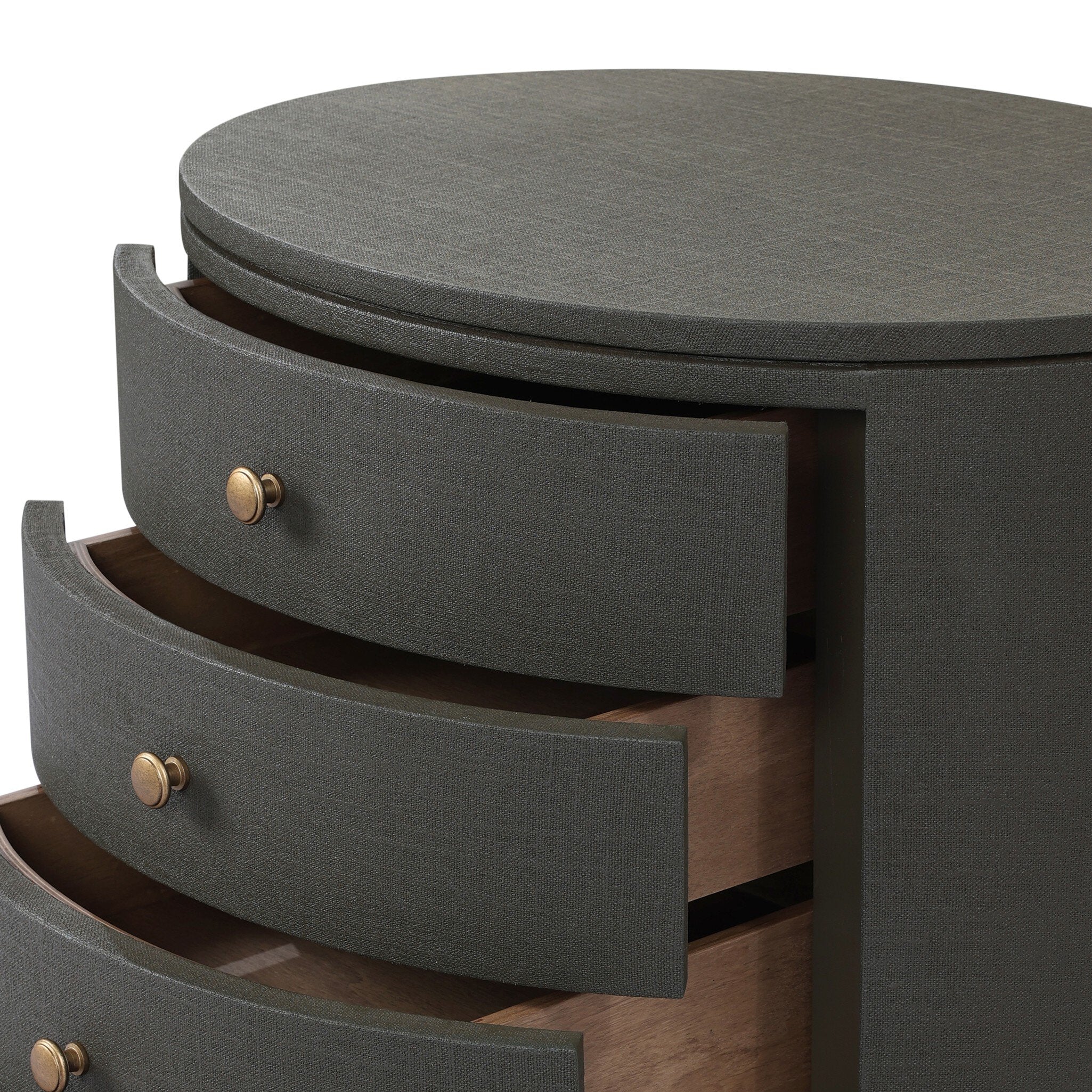 Four Hands Amelia Oval Nightstand — Dark Green Lacquered Linen-Light Antique Brass in Aluminum