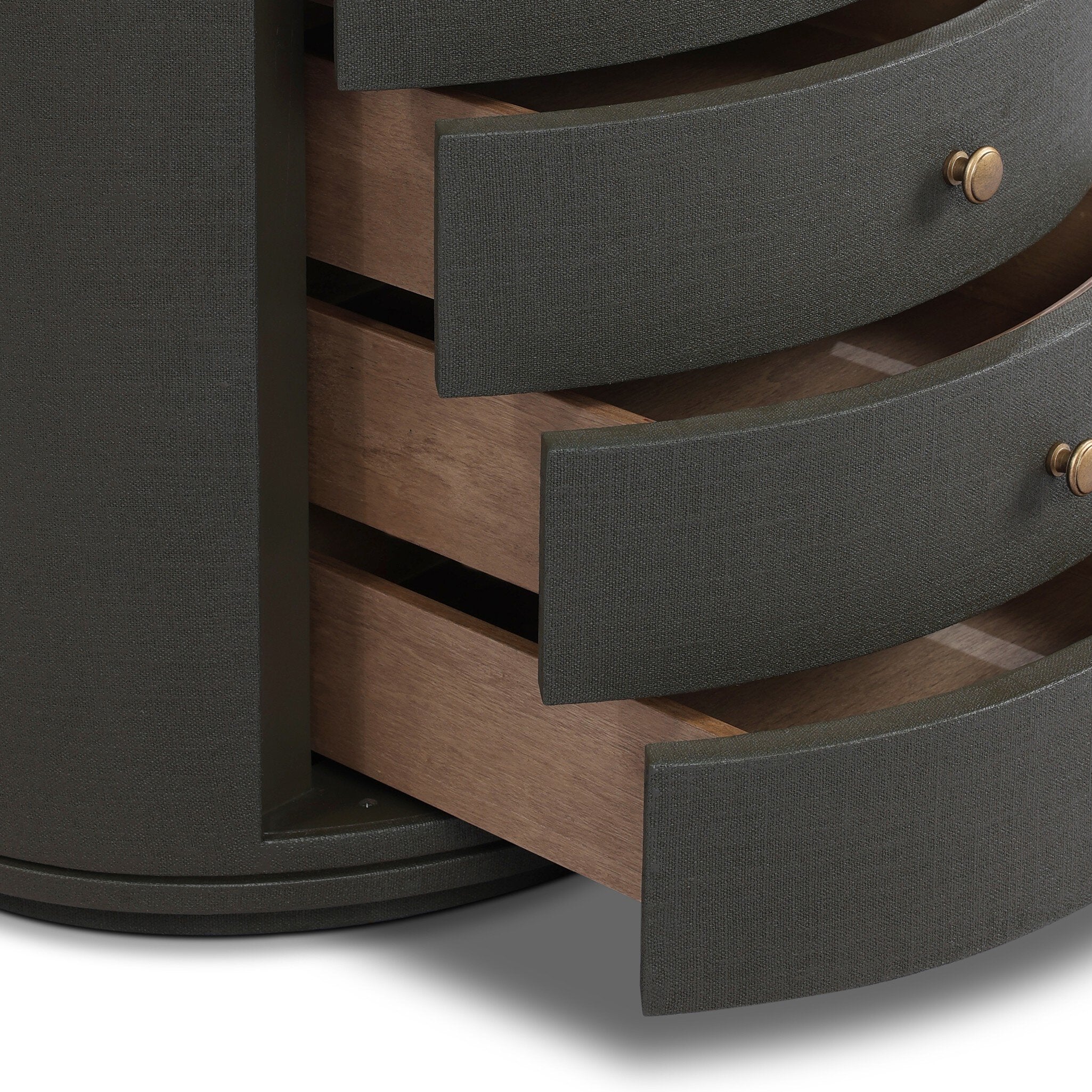 Four Hands Amelia Oval Nightstand — Dark Green Lacquered Linen-Light Antique Brass in Aluminum