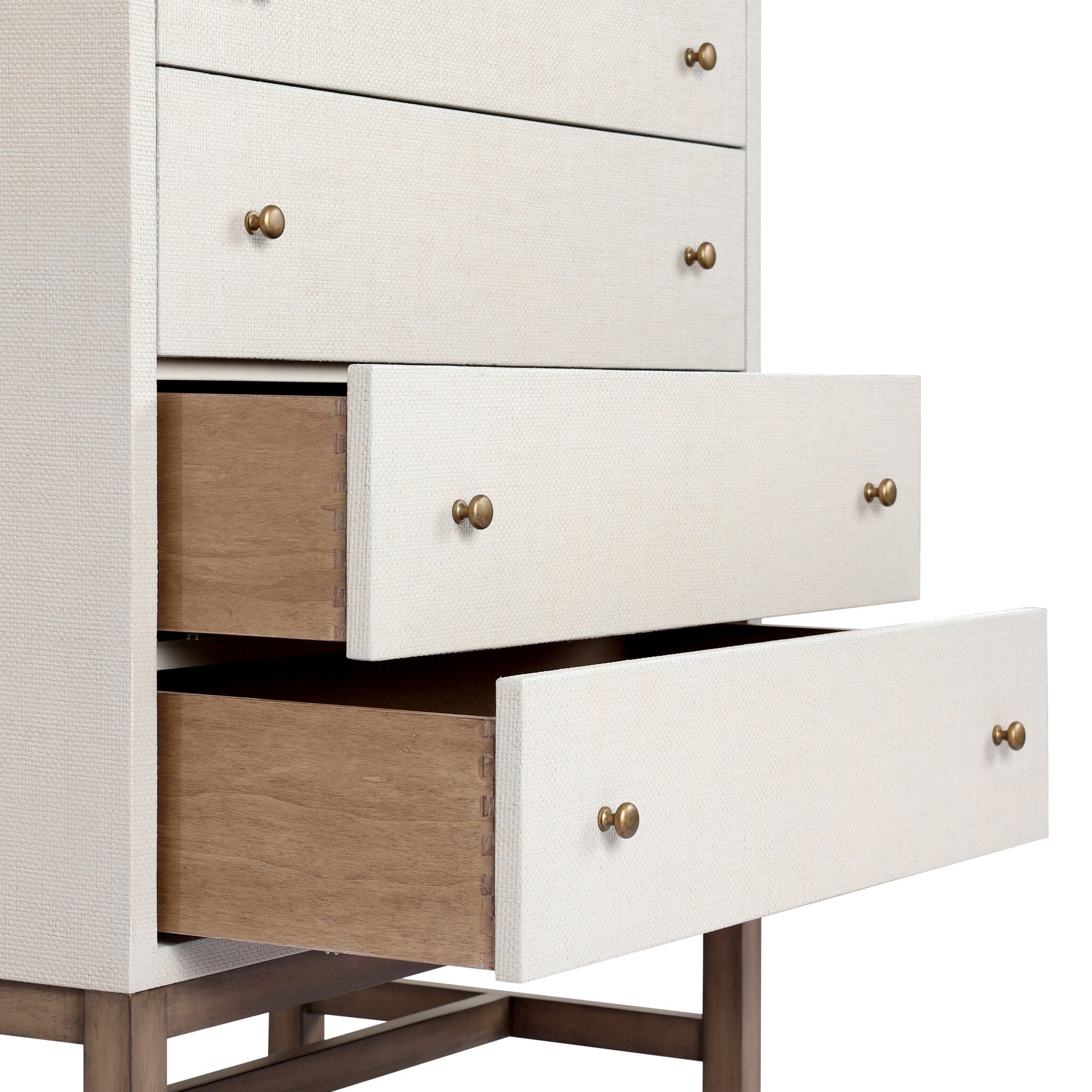 Four Hands Fiona Tall Dresser — Ivory Painted Raffia-Russet Mahogany-Light Antique Brass
