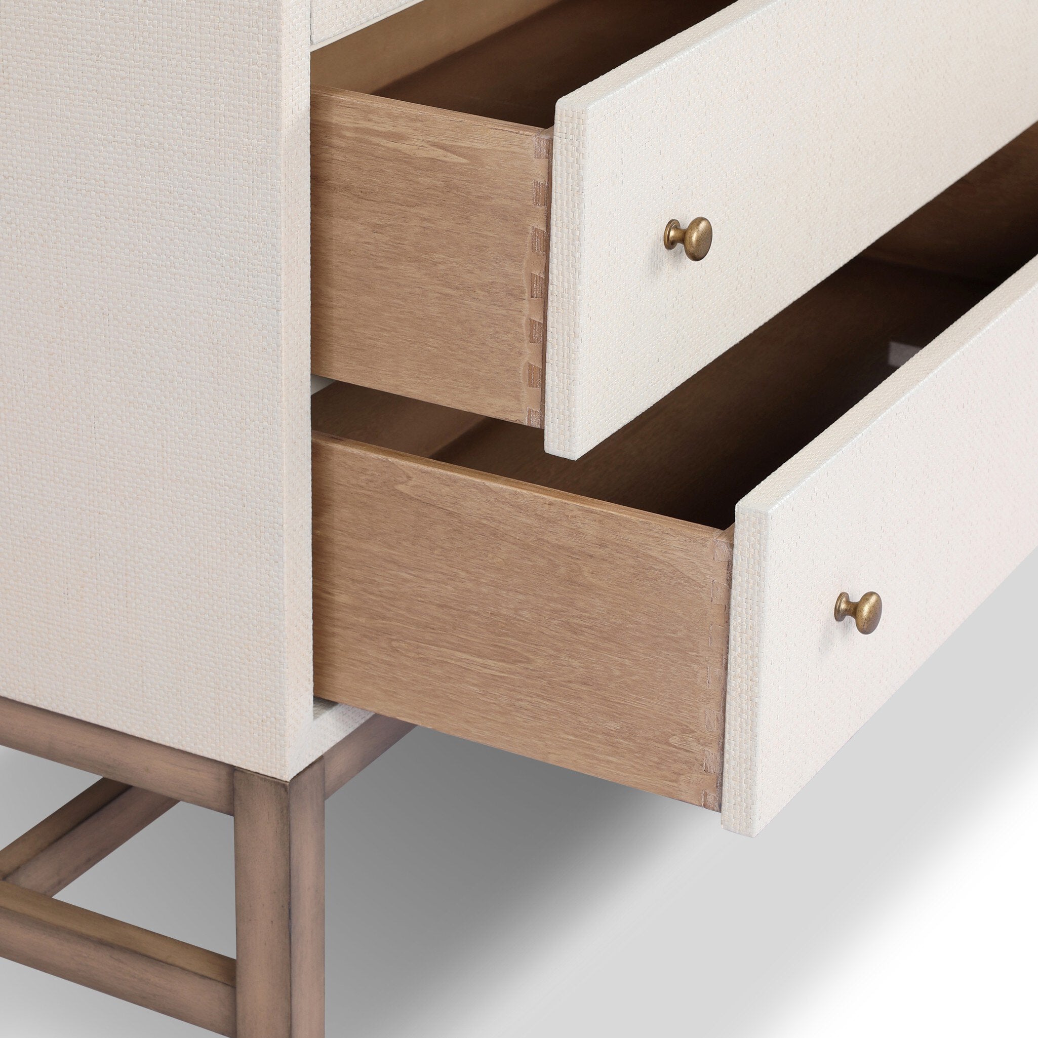 Four Hands Fiona Tall Dresser — Ivory Painted Raffia-Russet Mahogany-Light Antique Brass