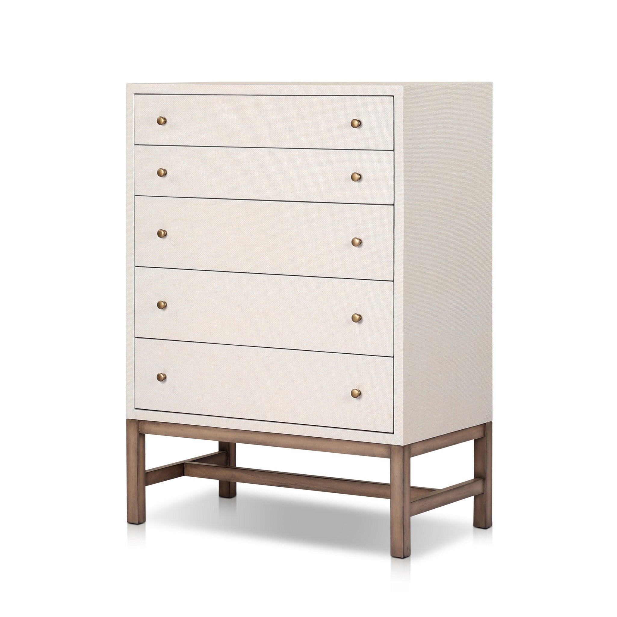Four Hands Fiona Tall Dresser — Ivory Painted Raffia-Russet Mahogany-Light Antique Brass