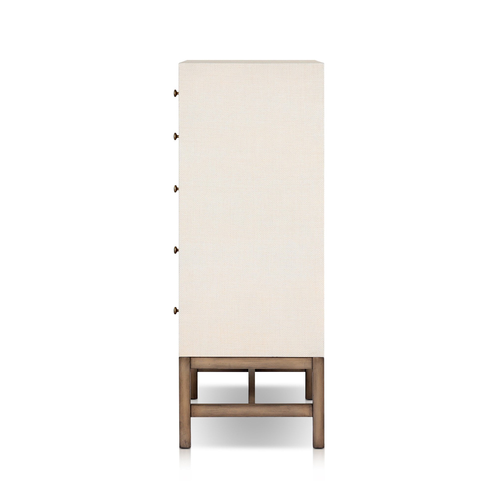 Four Hands Fiona Tall Dresser — Ivory Painted Raffia-Russet Mahogany-Light Antique Brass