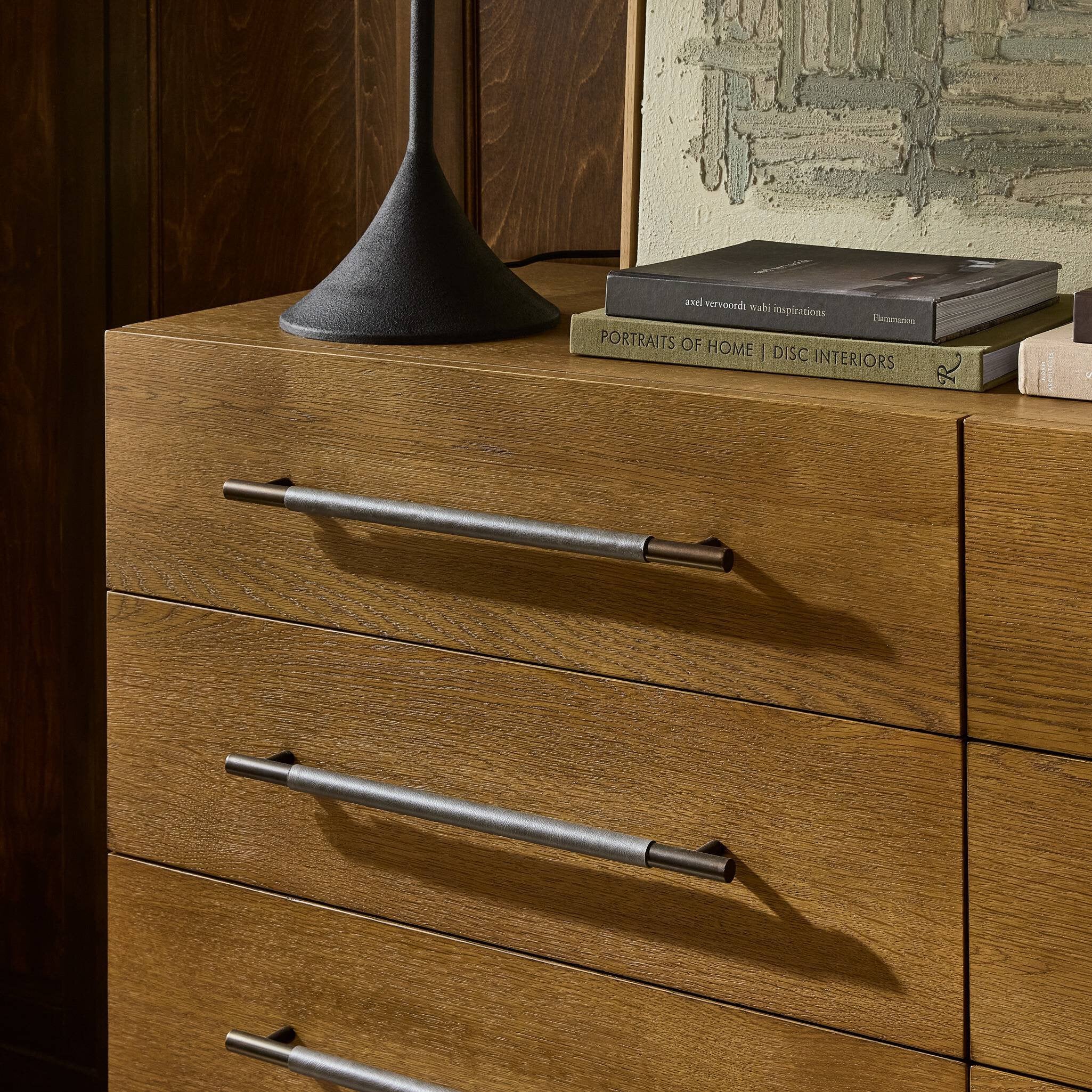 Four Hands Rosedale 8 Drawer Dresser — Amber Oak-Chaps Ebony-Burnished Bronze