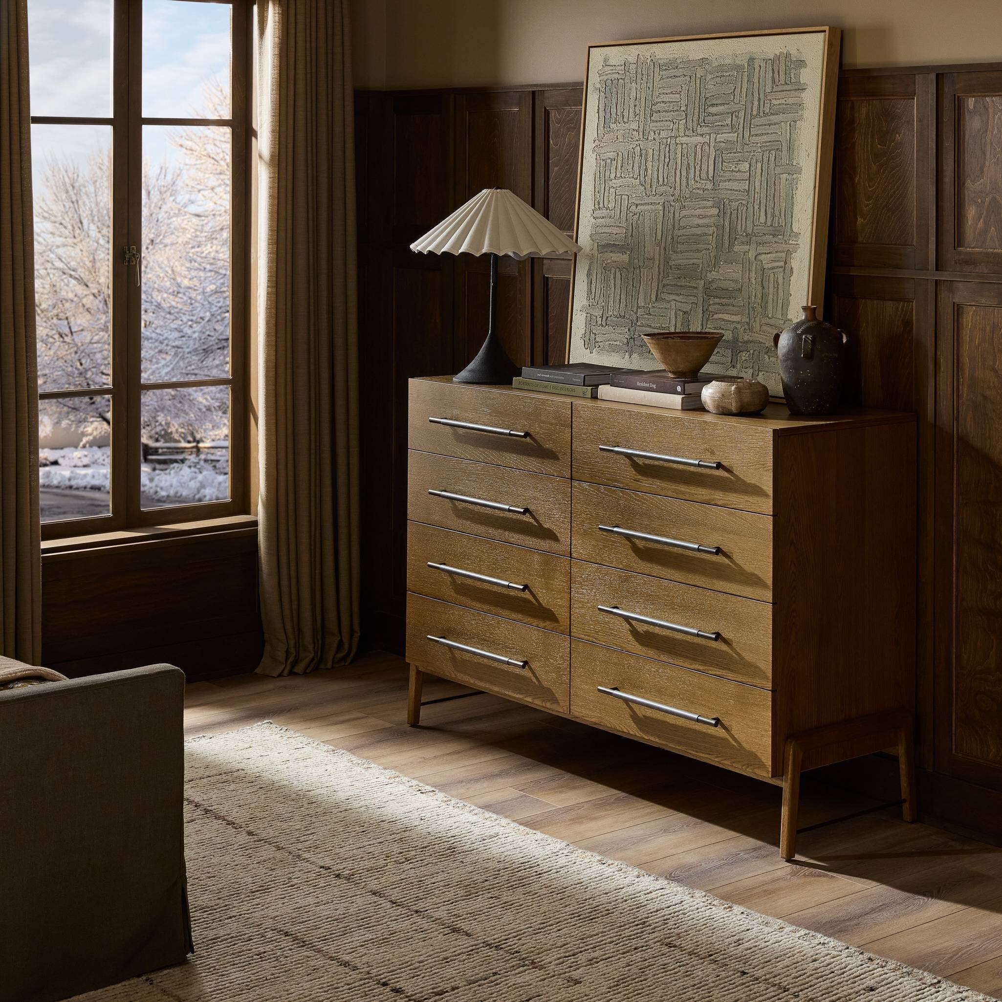 Four Hands Rosedale 8 Drawer Dresser — Amber Oak-Chaps Ebony-Burnished Bronze