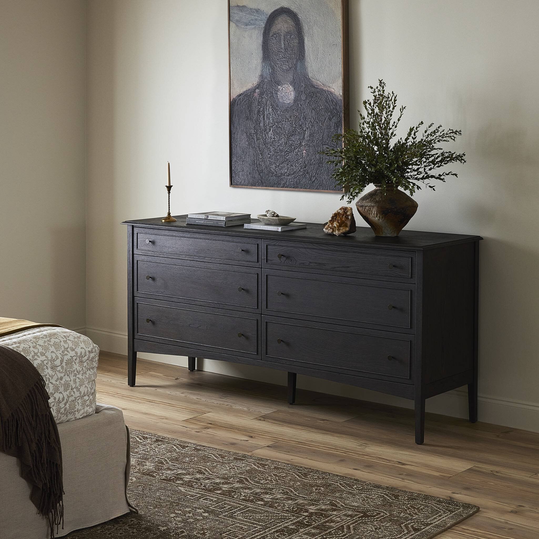 Four Hands Maggie 6 Drawer Dresser — Smoked Black Oak-Smoked Black Oak Veneer-Bronze Antimony