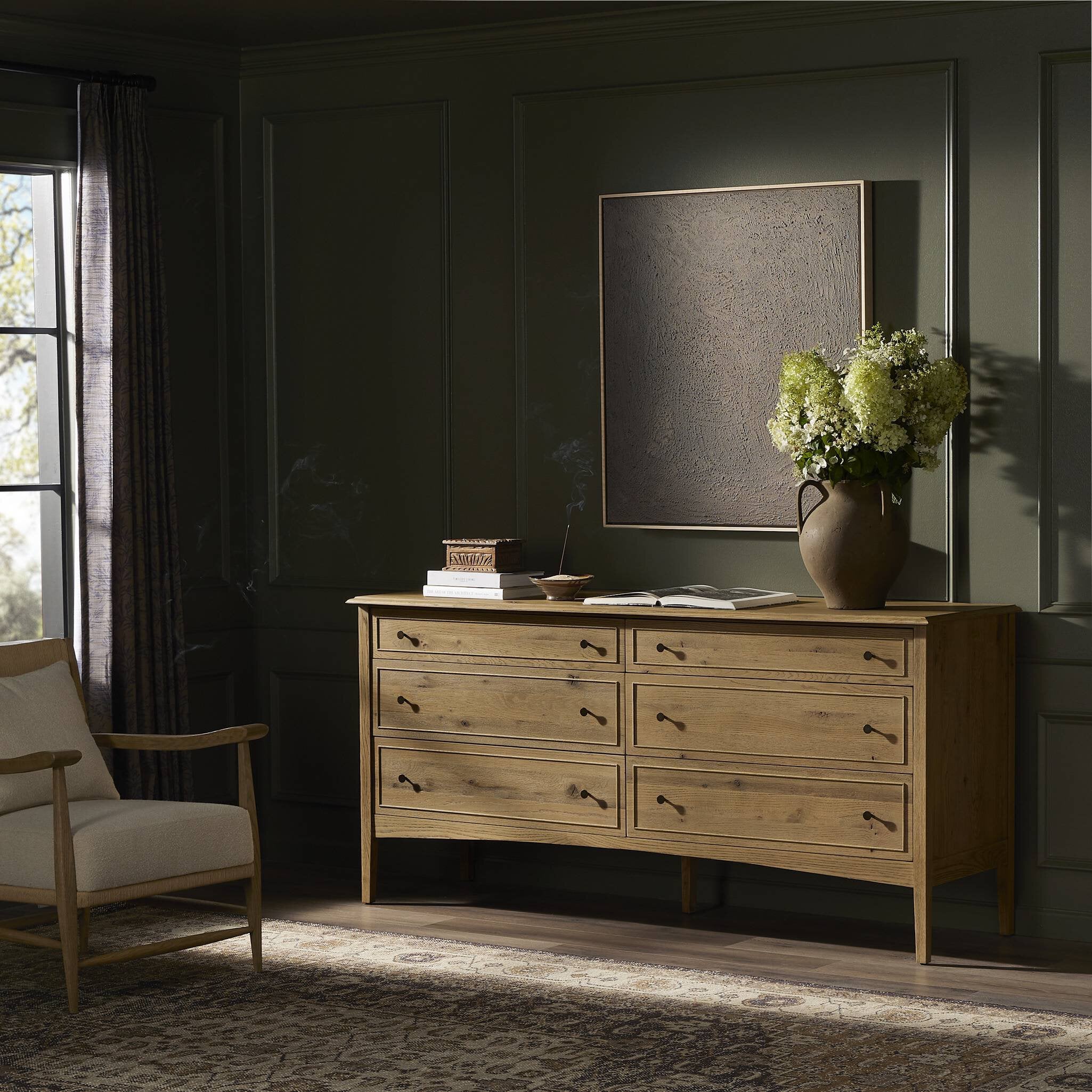 Four Hands Maggie 6 Drawer Dresser — Aged Smoked Oak-Bronze Antimony-Aged Smoked Oak Resawn
