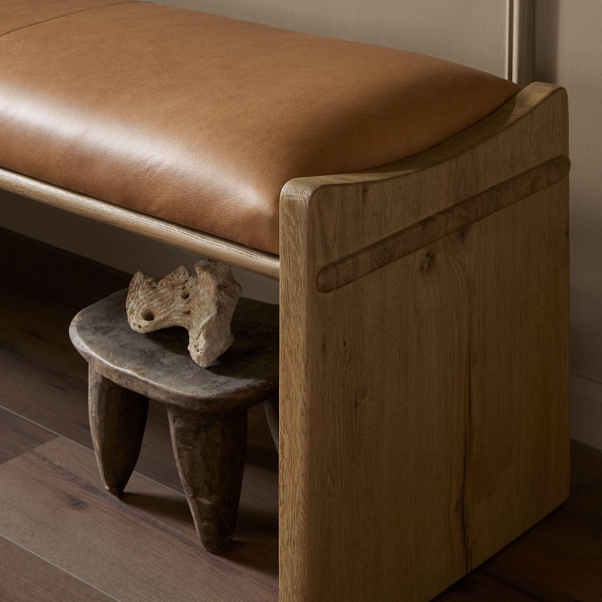 Four Hands Eros Accent Bench — Conroe Drift-Worn Oak Veneer-Worn Oak