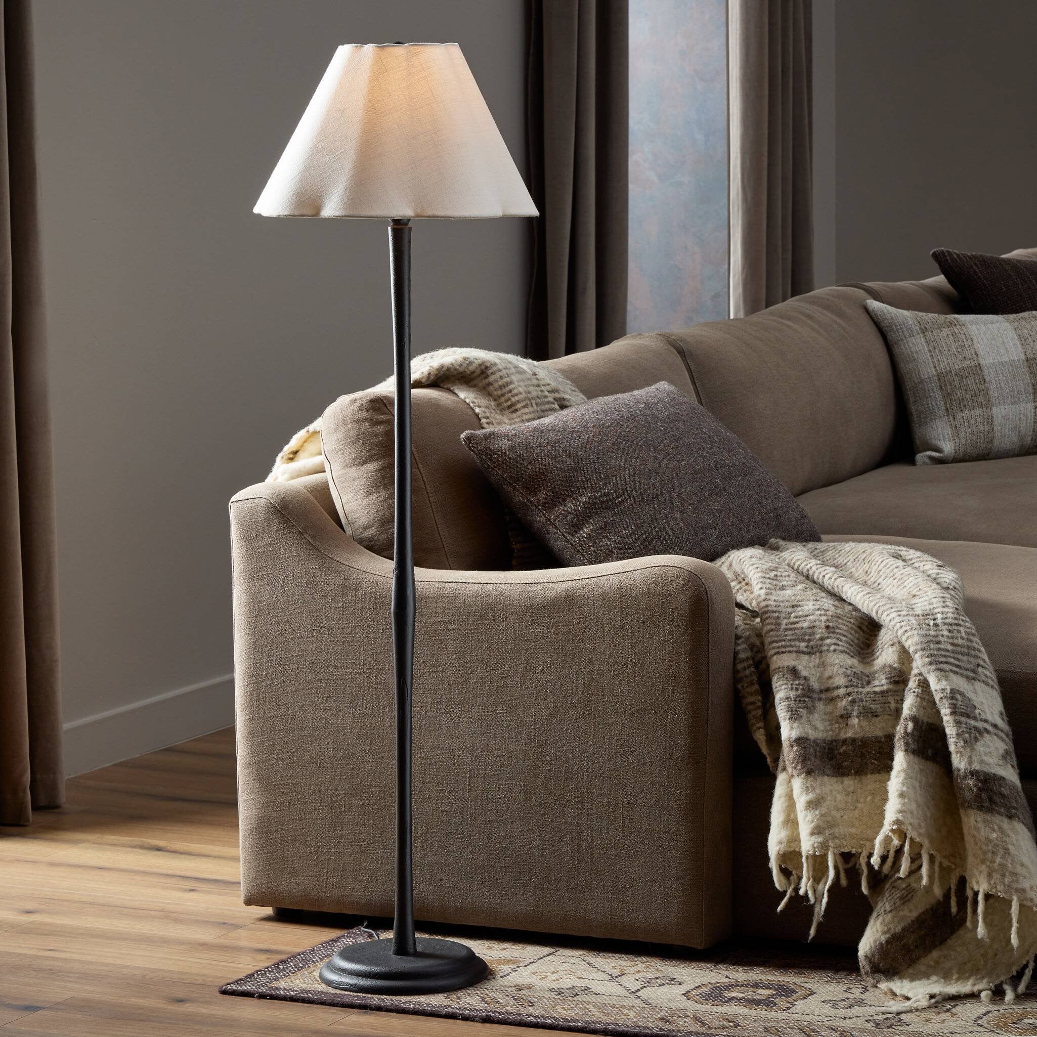 Four Hands Isabeau Floor Lamp — Cream Linen-Black Cast Iron-Black Cord
