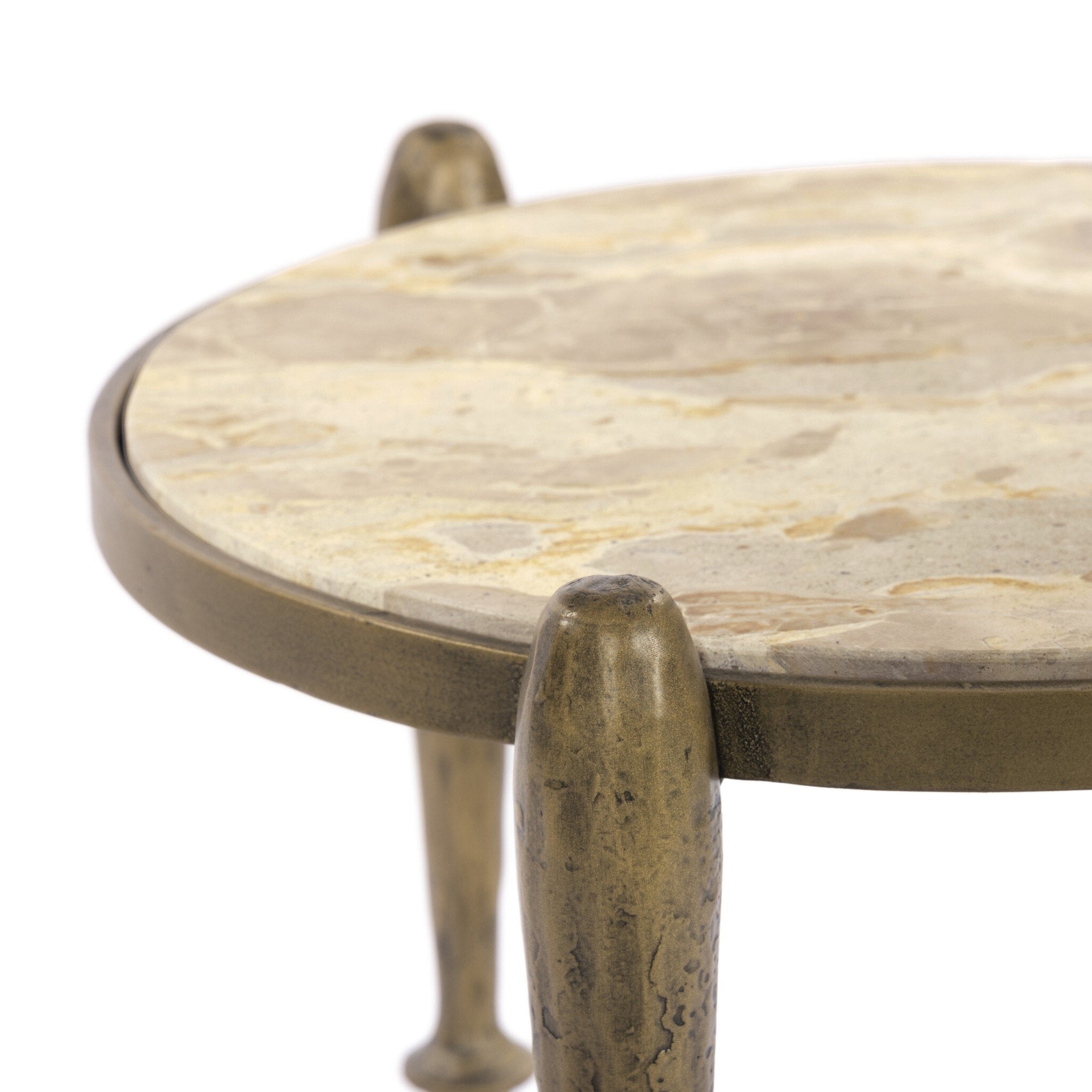 Four Hands Ruthie End Table — Fossil Marble-Tapered Hammered Aged Brass