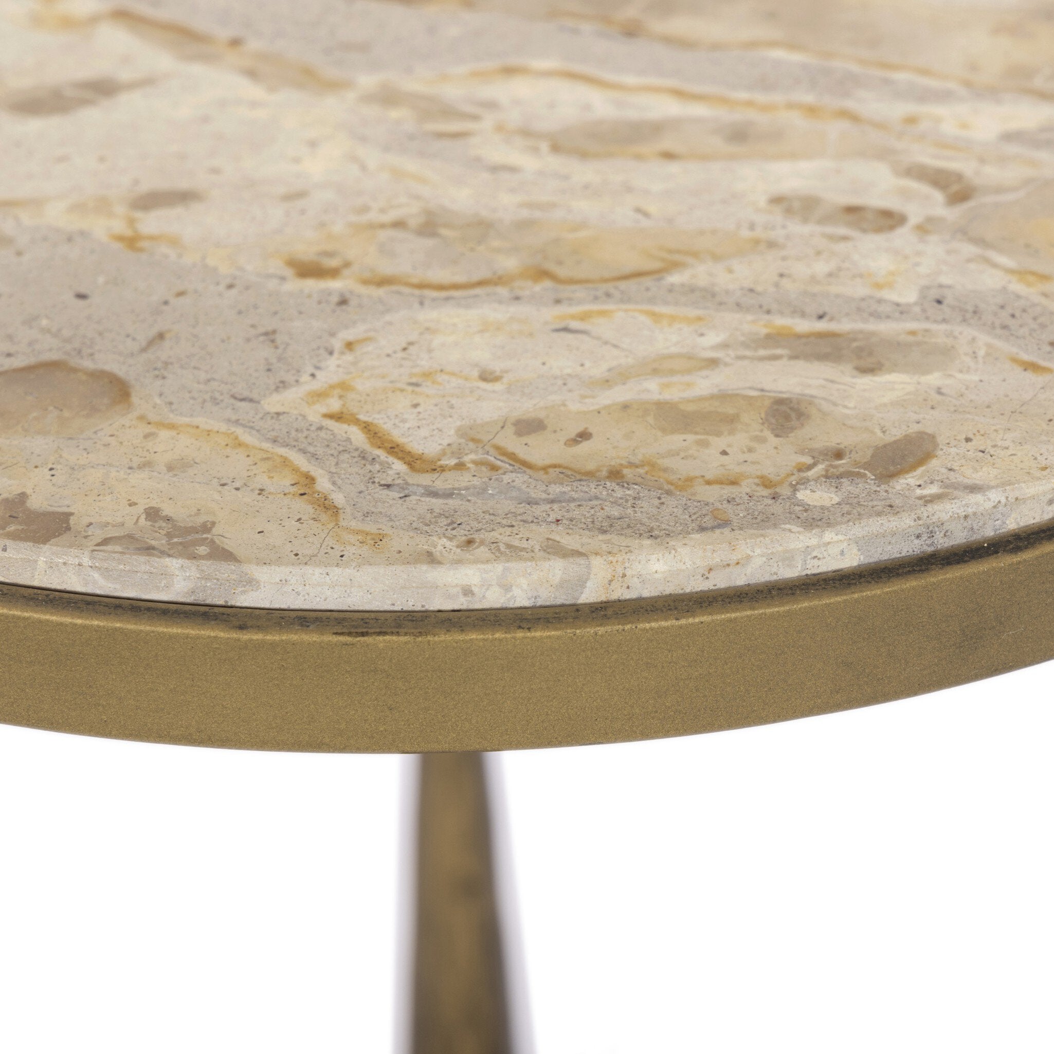 Four Hands Ruthie End Table — Fossil Marble-Tapered Hammered Aged Brass