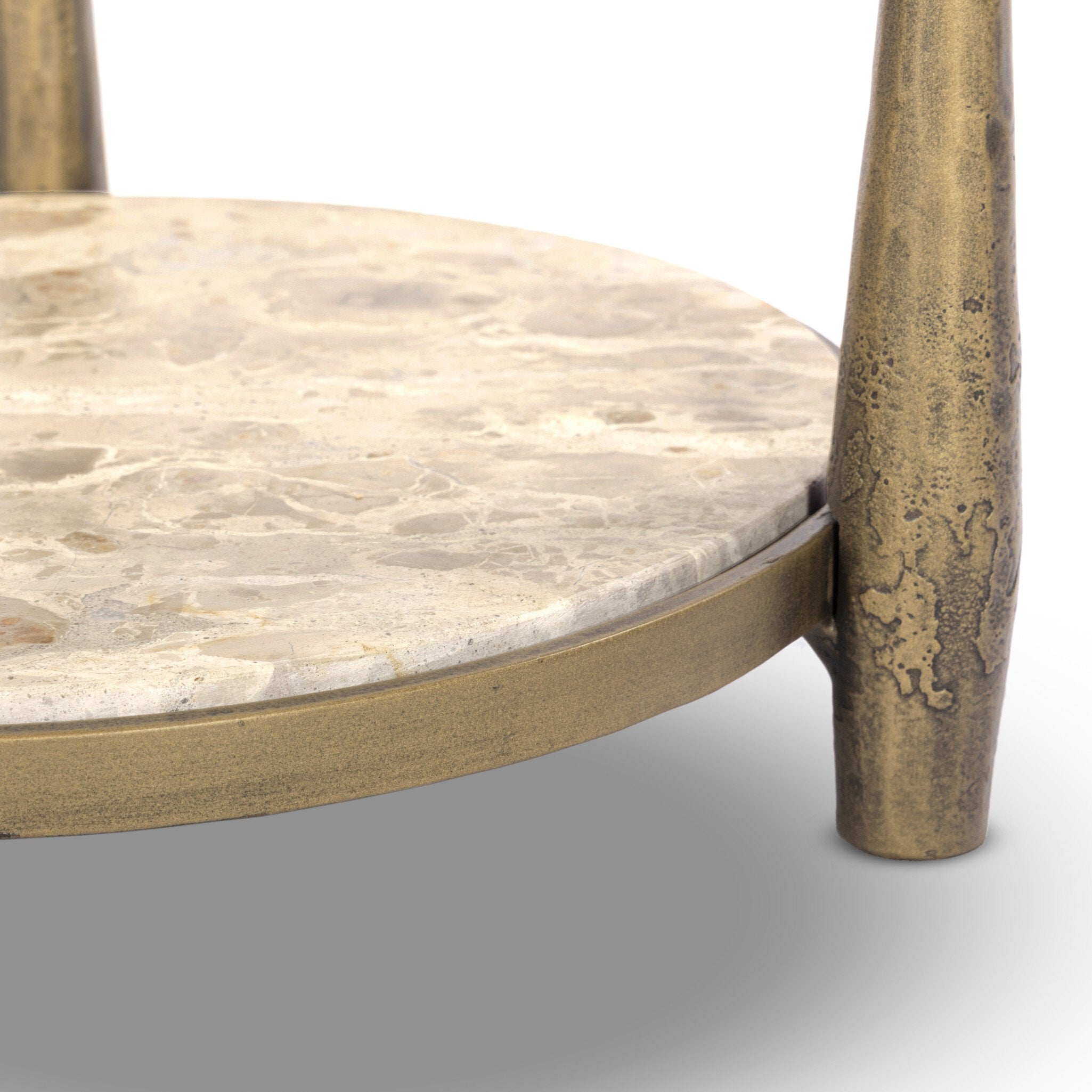Four Hands Ruthie End Table — Fossil Marble-Tapered Hammered Aged Brass