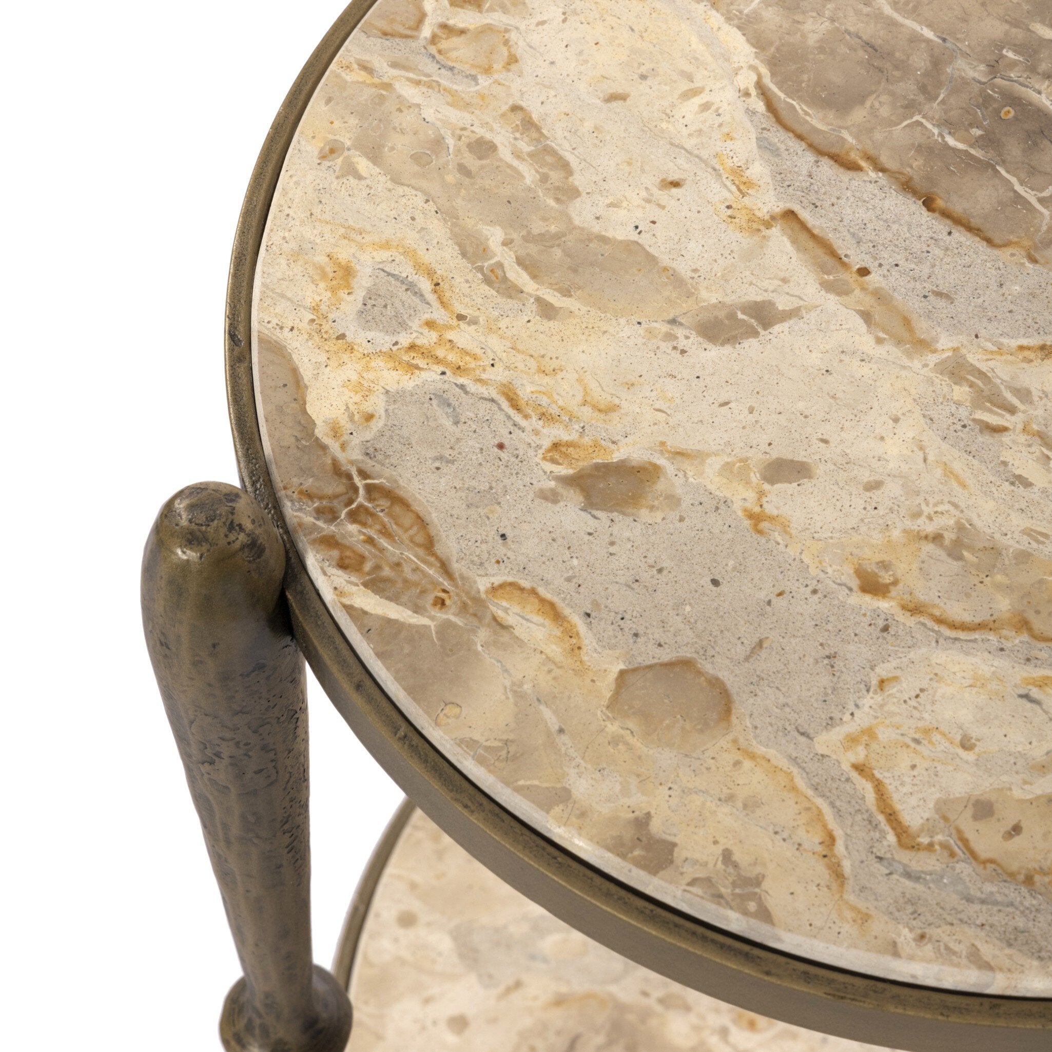 Four Hands Ruthie End Table — Fossil Marble-Tapered Hammered Aged Brass