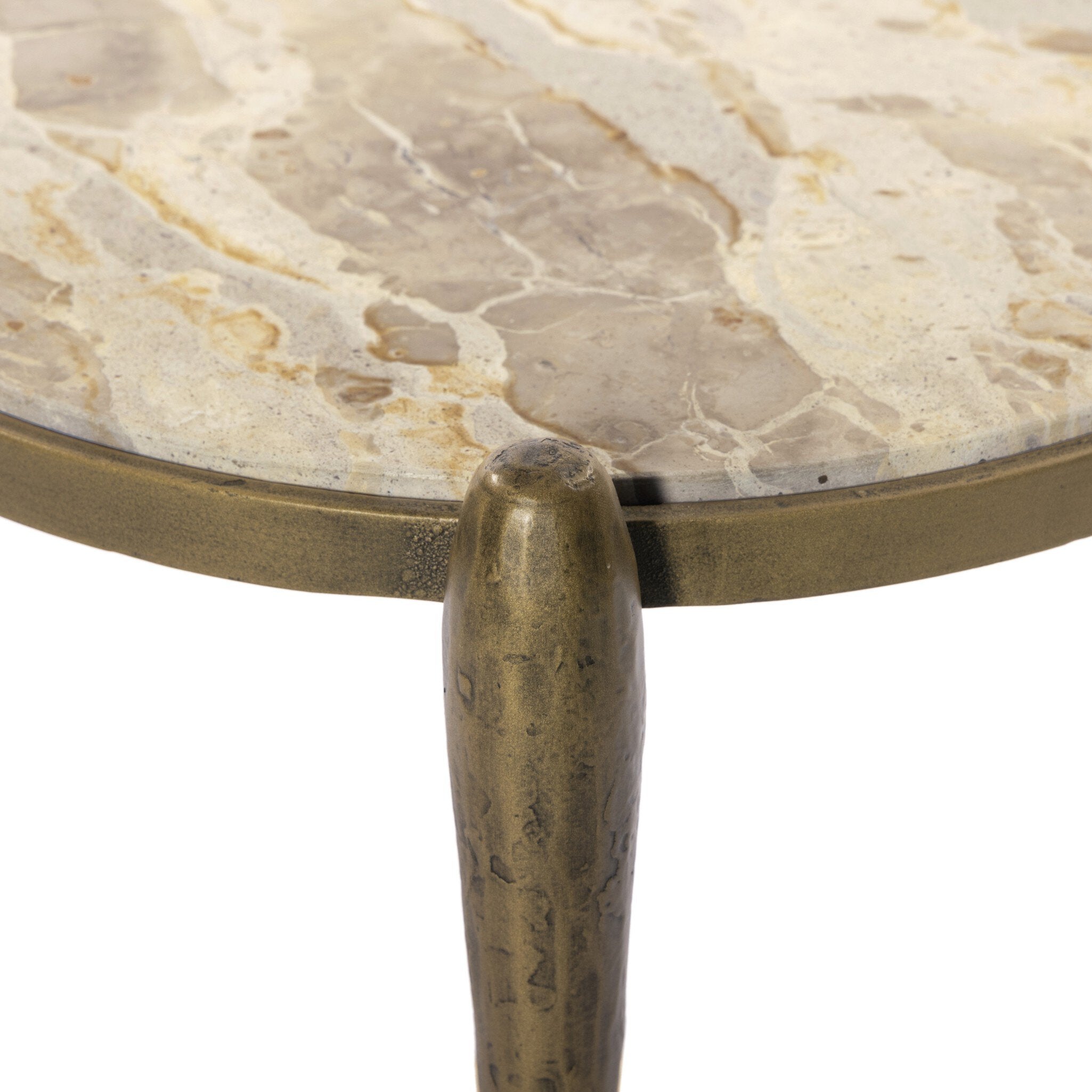 Four Hands Ruthie End Table — Fossil Marble-Tapered Hammered Aged Brass
