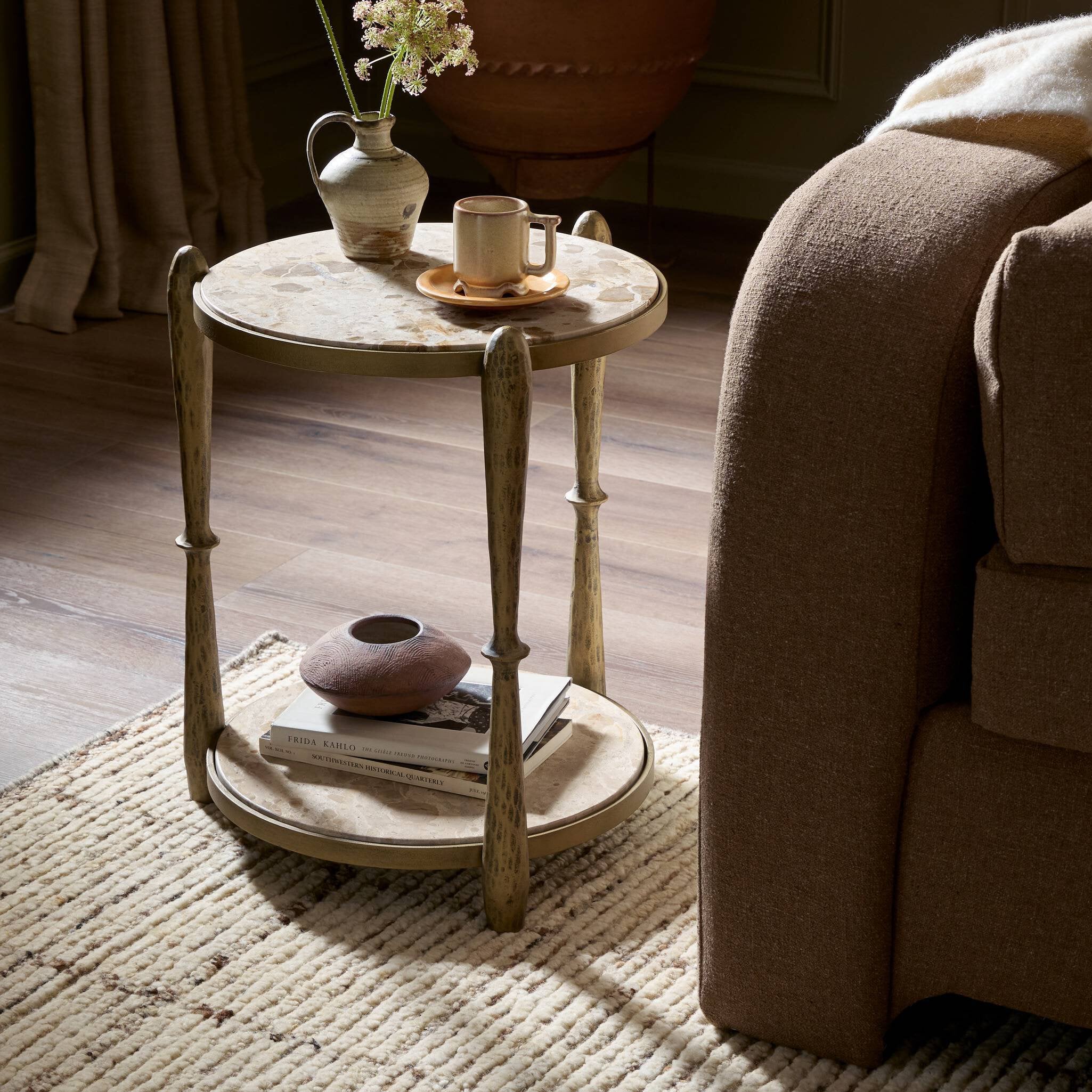 Four Hands Ruthie End Table — Fossil Marble-Tapered Hammered Aged Brass