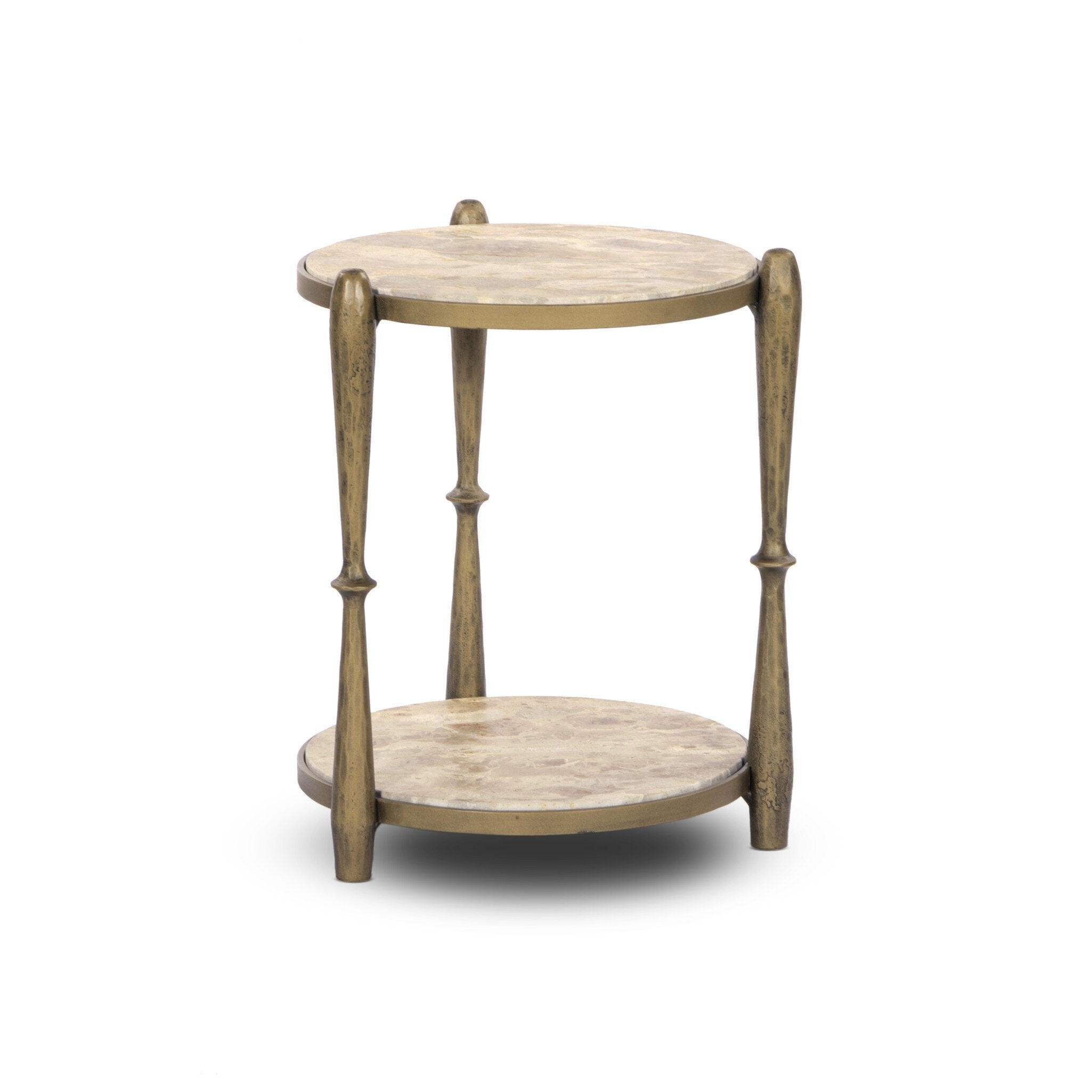 Four Hands Ruthie End Table — Fossil Marble-Tapered Hammered Aged Brass