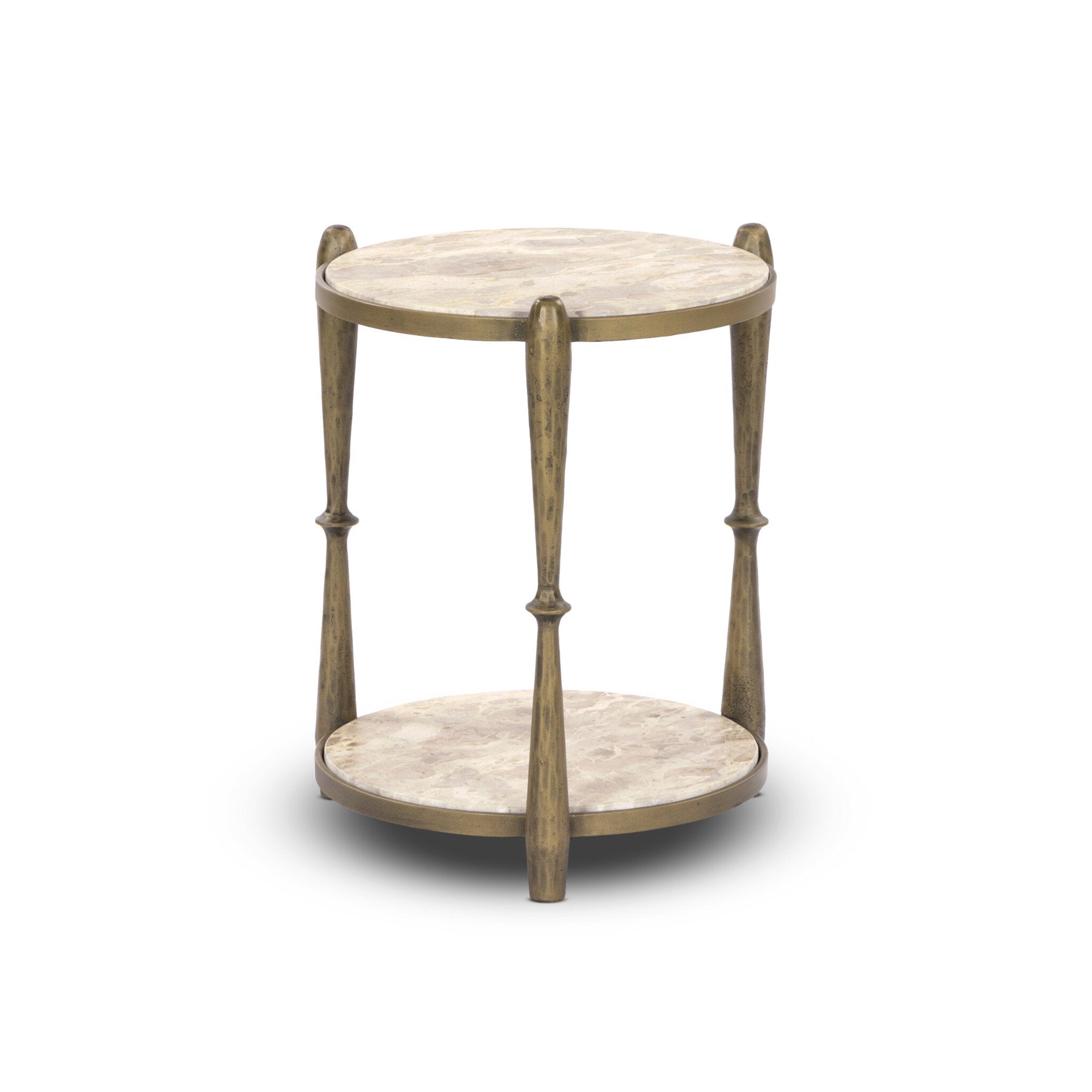 Four Hands Ruthie End Table — Fossil Marble-Tapered Hammered Aged Brass