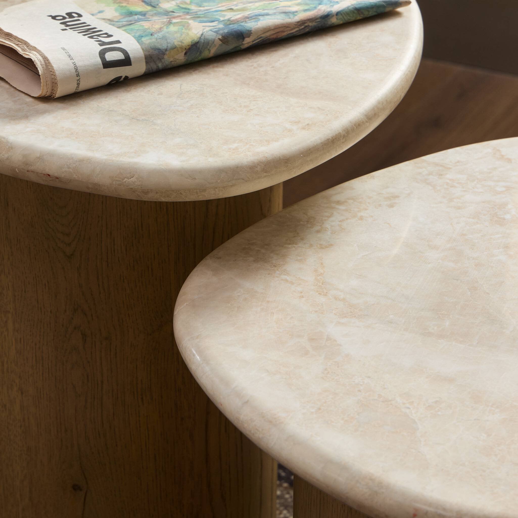 Four Hands Kovo Nesting End Tables — Cappuccino Marble-Rubbed Light Oak Veneer