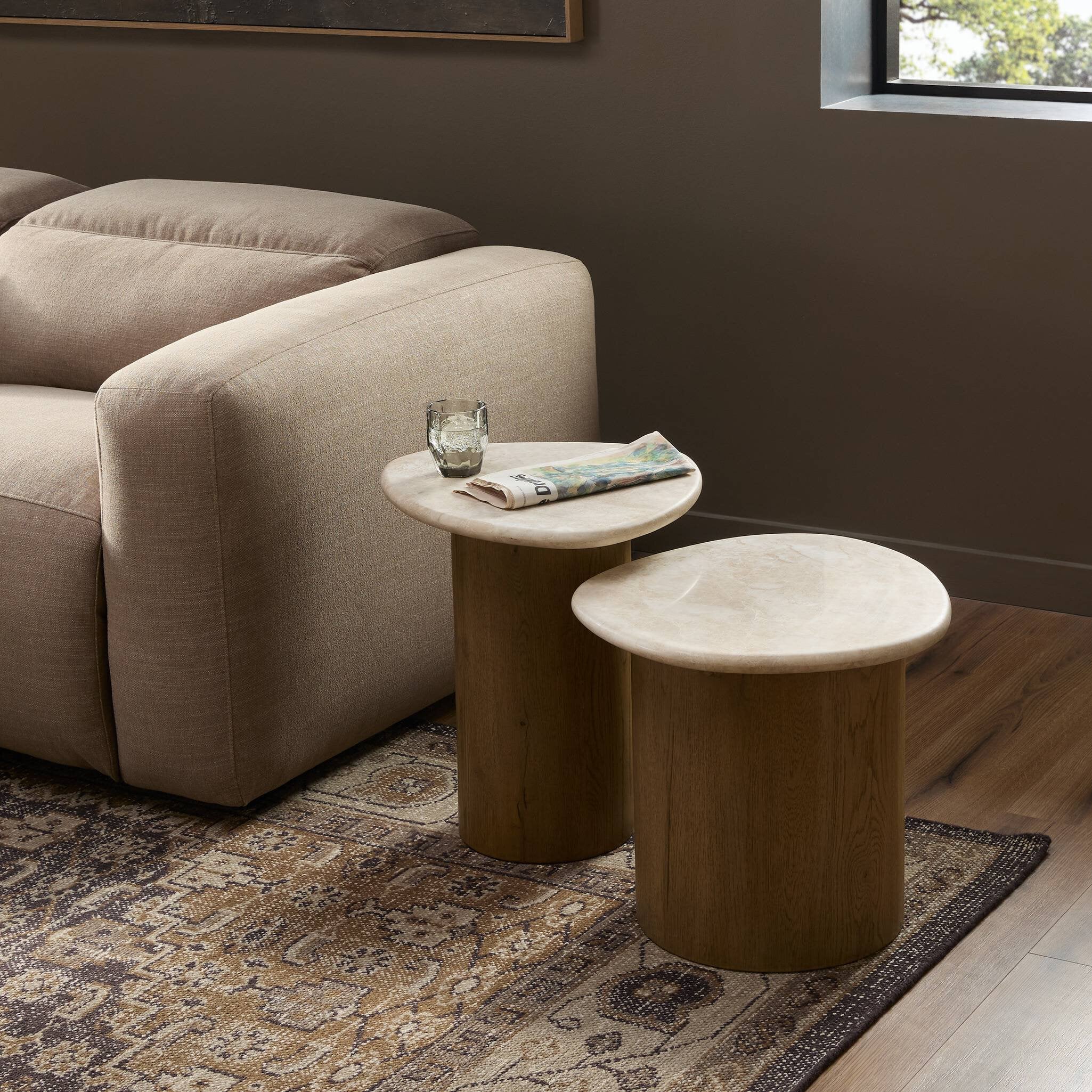 Four Hands Kovo Nesting End Tables — Cappuccino Marble-Rubbed Light Oak Veneer