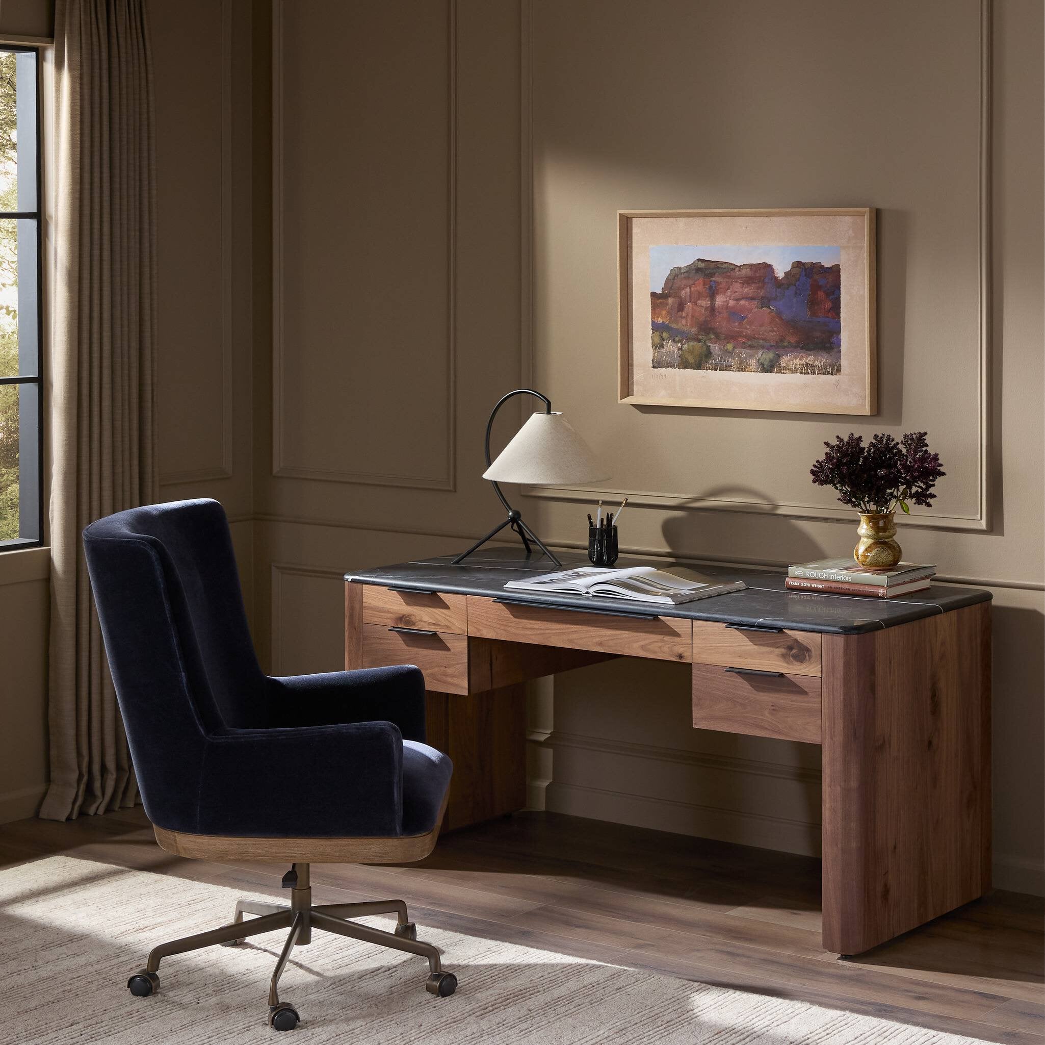Four Hands Tatum Desk — Walnut Natural-Black Marble-Black Steel