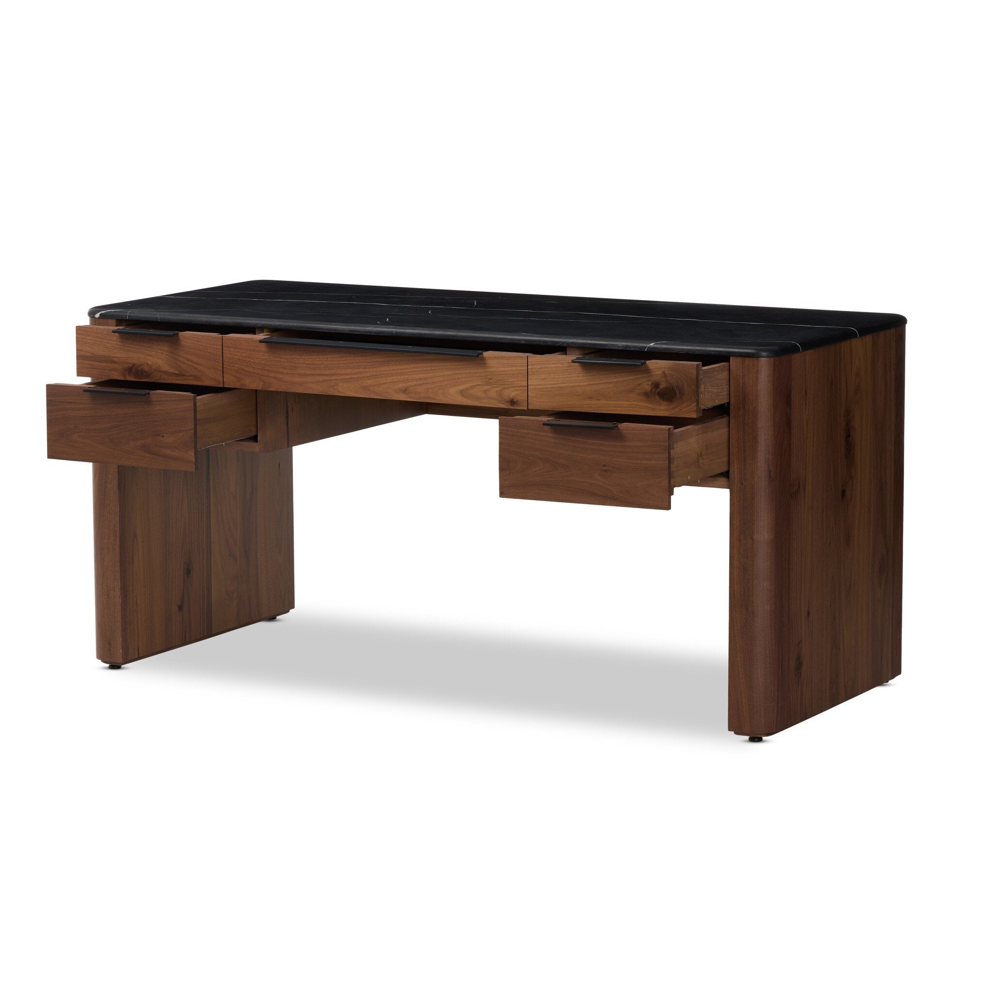 Four Hands Tatum Desk — Walnut Natural-Black Marble-Black Steel