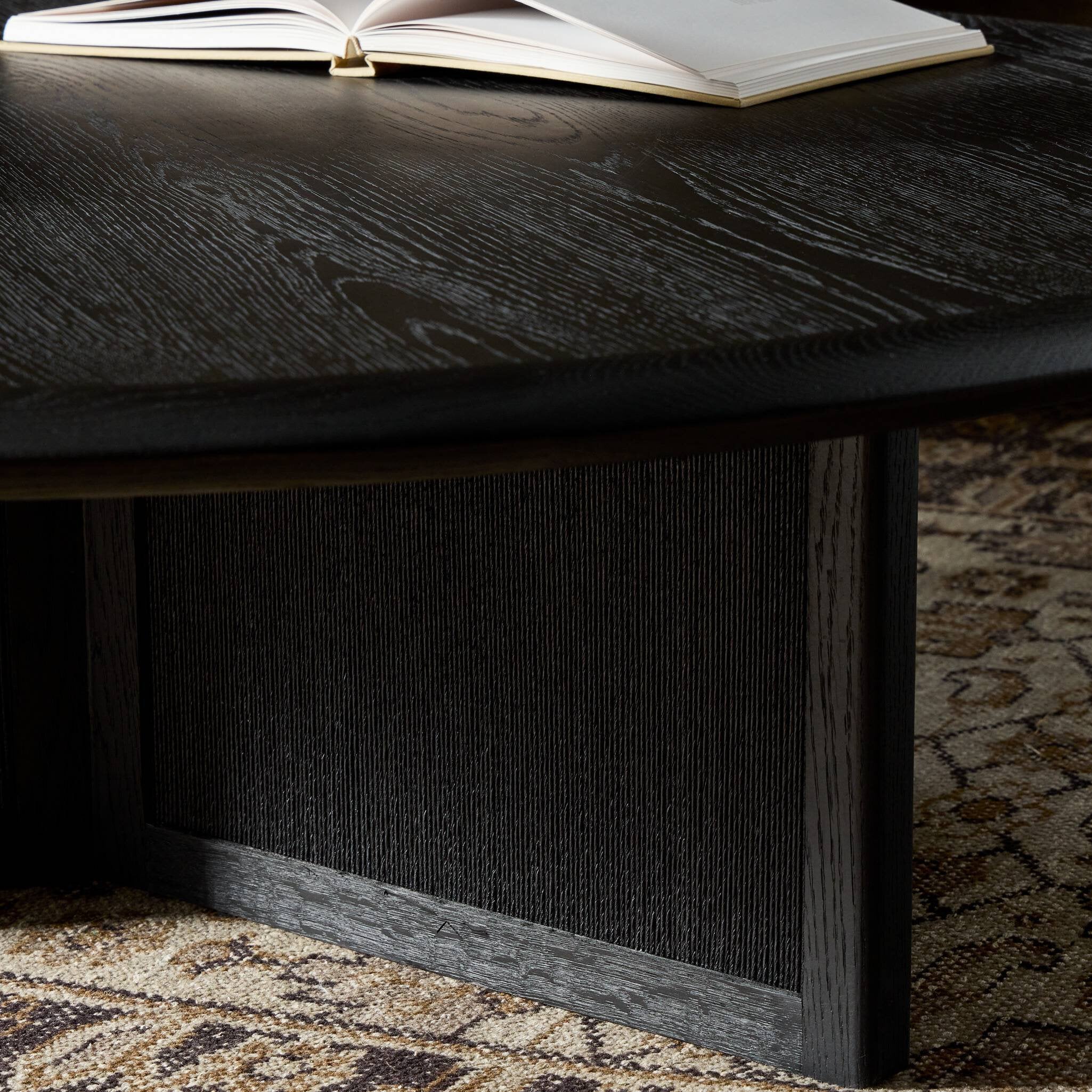 Four Hands Rosenell Round Coffee Table — Black Oak Veneer-Black Oak Solid-Black Paper Cord