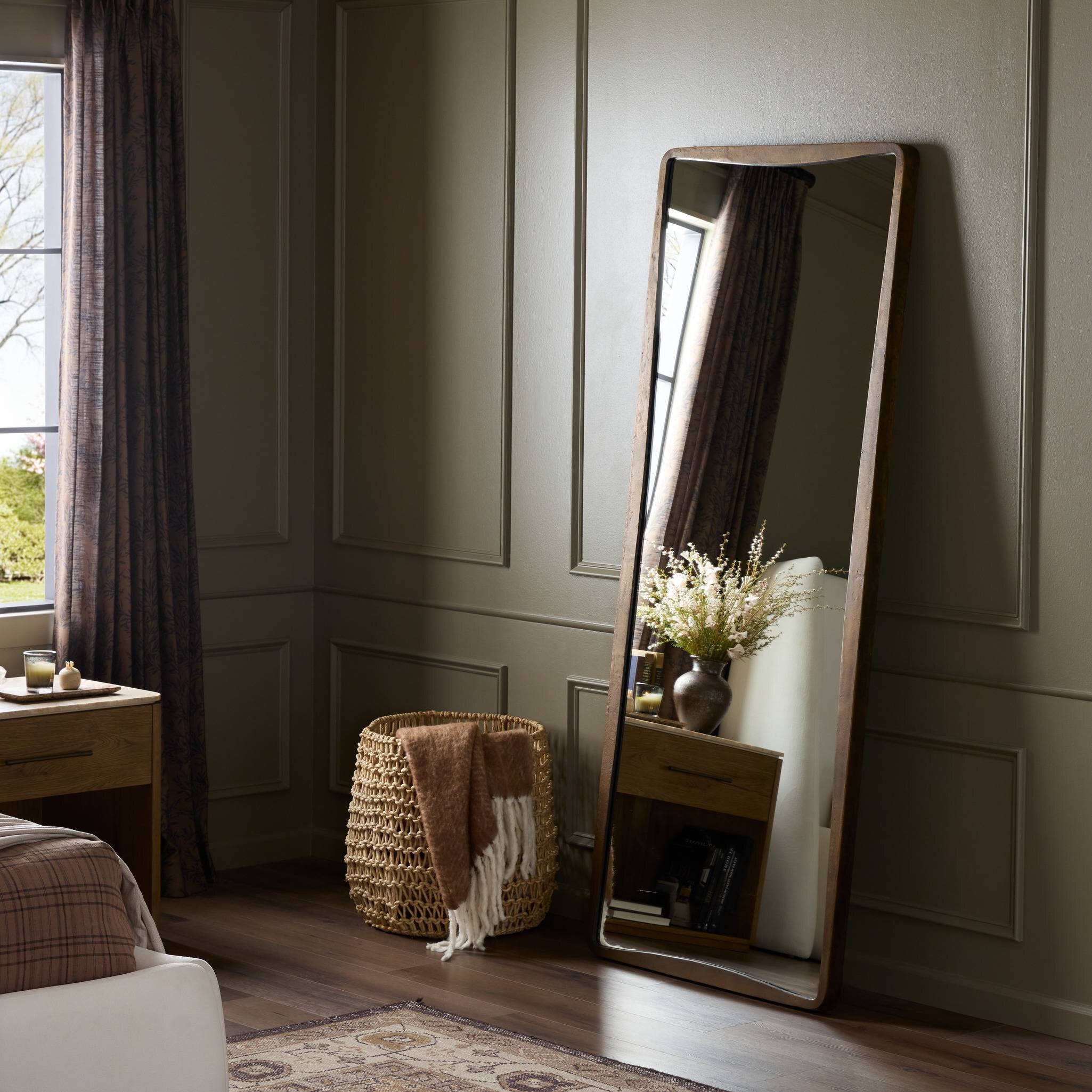 Four Hands Regis Floor Mirror — Antiqued Brass Aluminum-Mirror