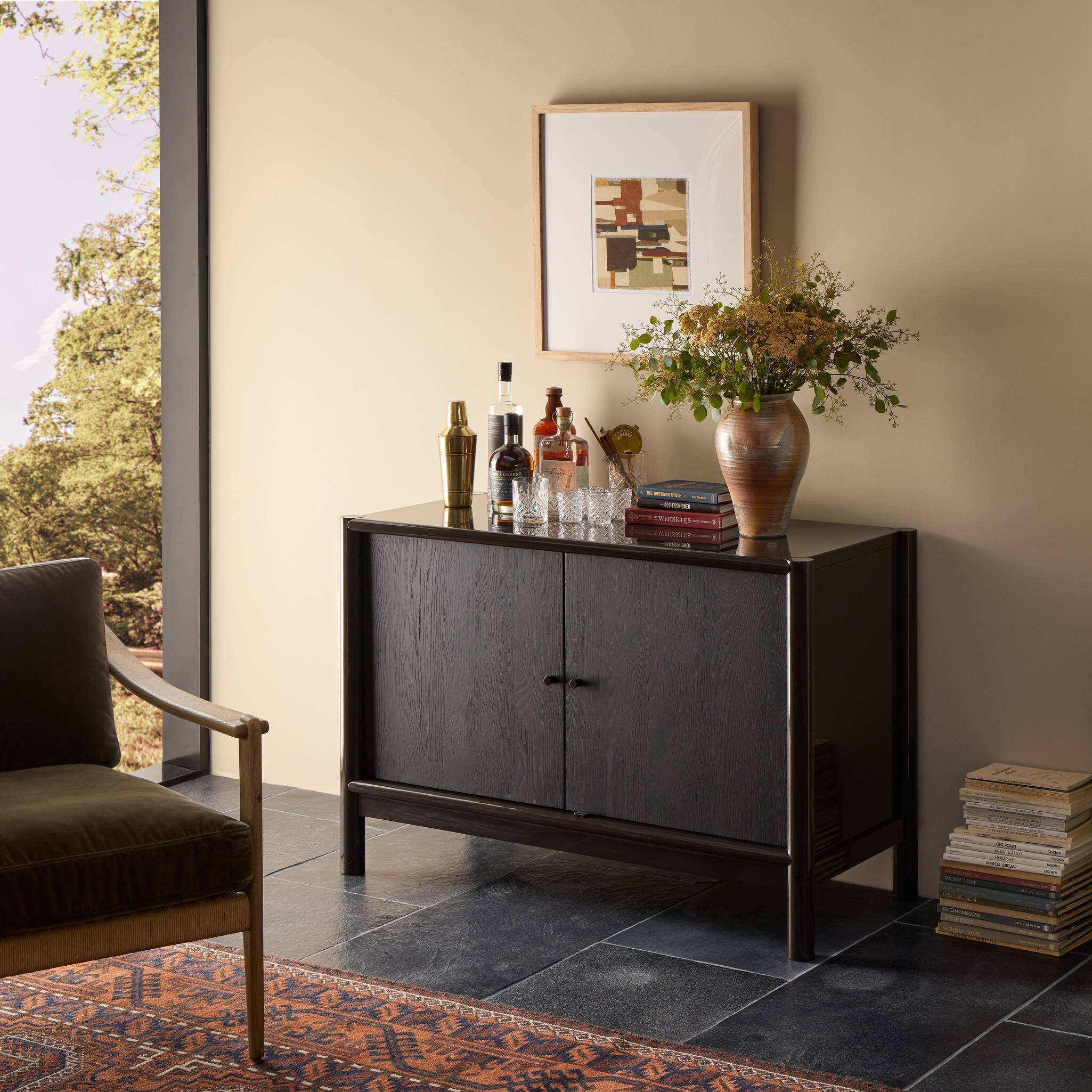 Four Hands Vinco Sideboard — Worn Black Oak-Black Onyx Lacquer-Oil Rubbed Bronze