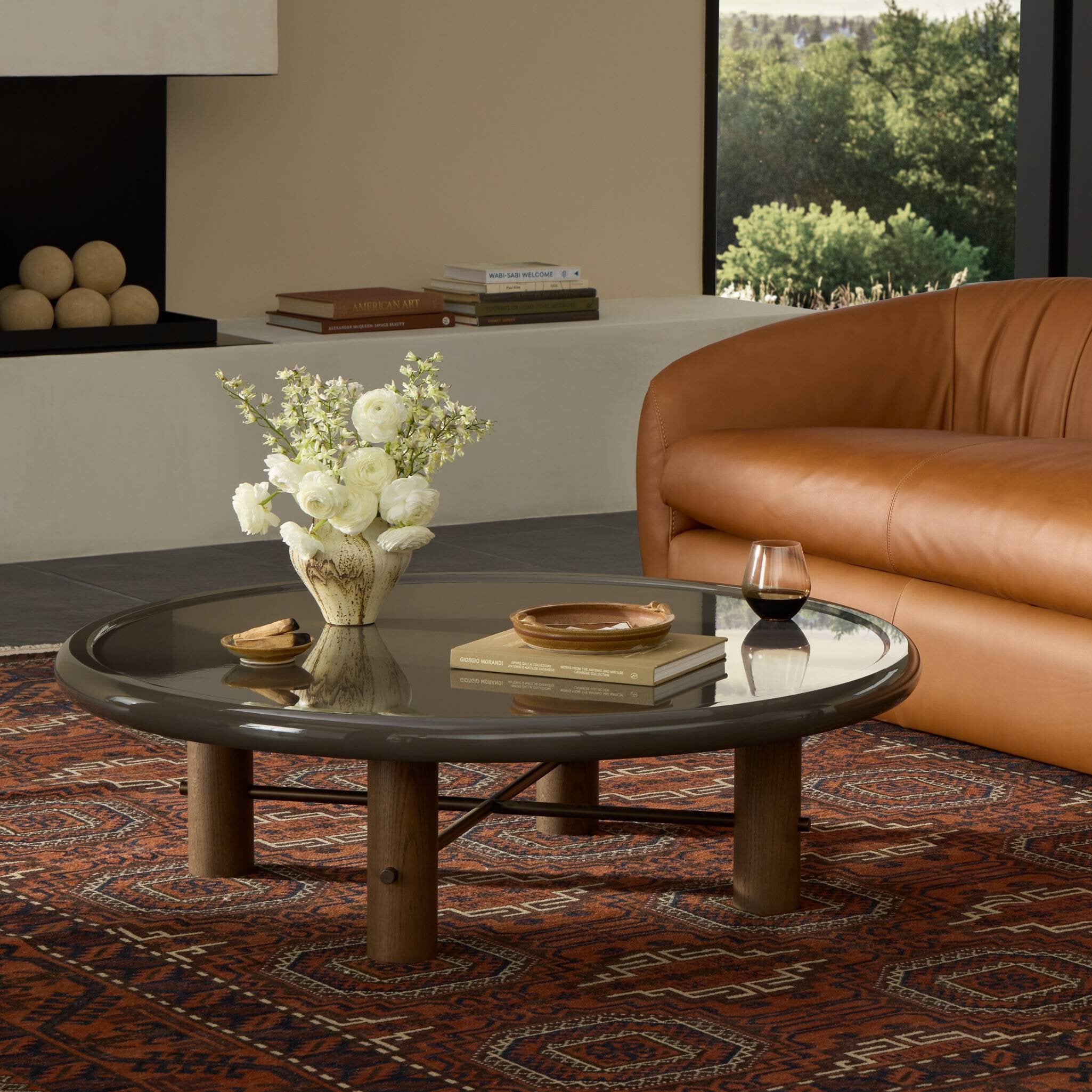 Four Hands Zia Coffee Table — Olive Lacquer-Umber Oak Solid-Polished Bronze